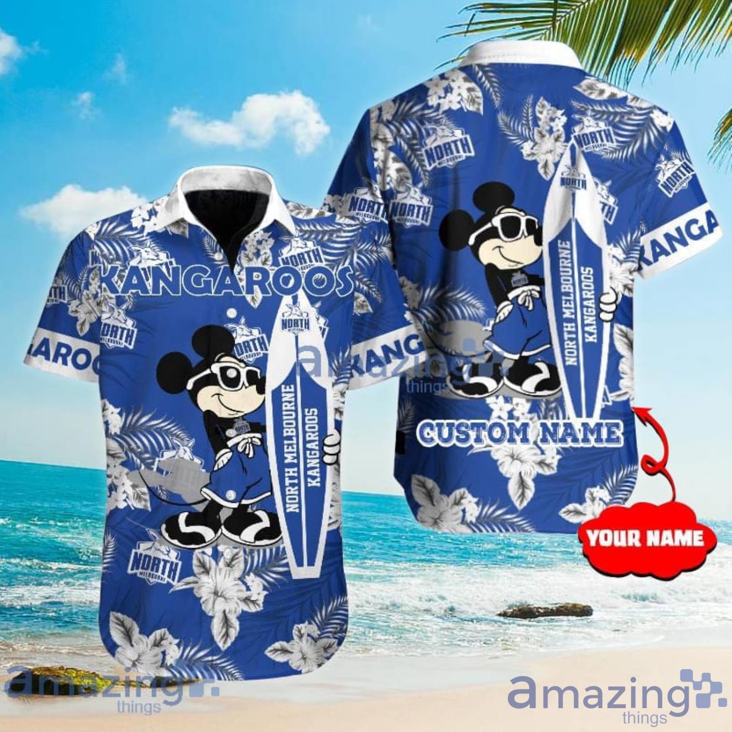 Custom Name For Fans North Melbourne Kangaroos AFL Mickey Lover Tropical Hawaiian Shirt Product Photo 1 Custom Name For Fans North Melbourne Kangaroos AFL Mickey Lover Tropical Hawaiian Shirt Product Photo 1