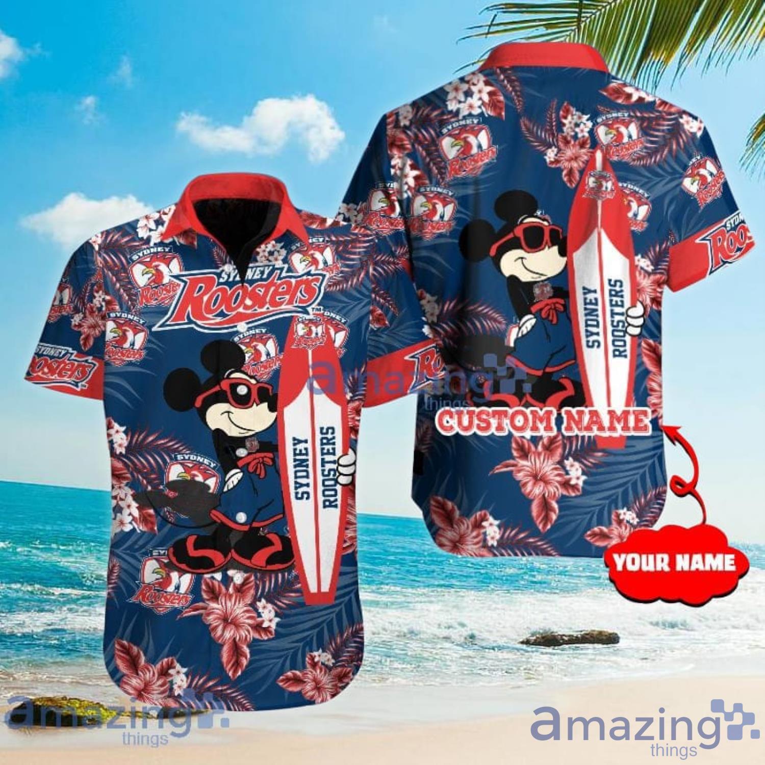 Custom Name For Fans Sydney Roosters NRL Mickey Lover Tropical Hawaiian Shirt Product Photo 1