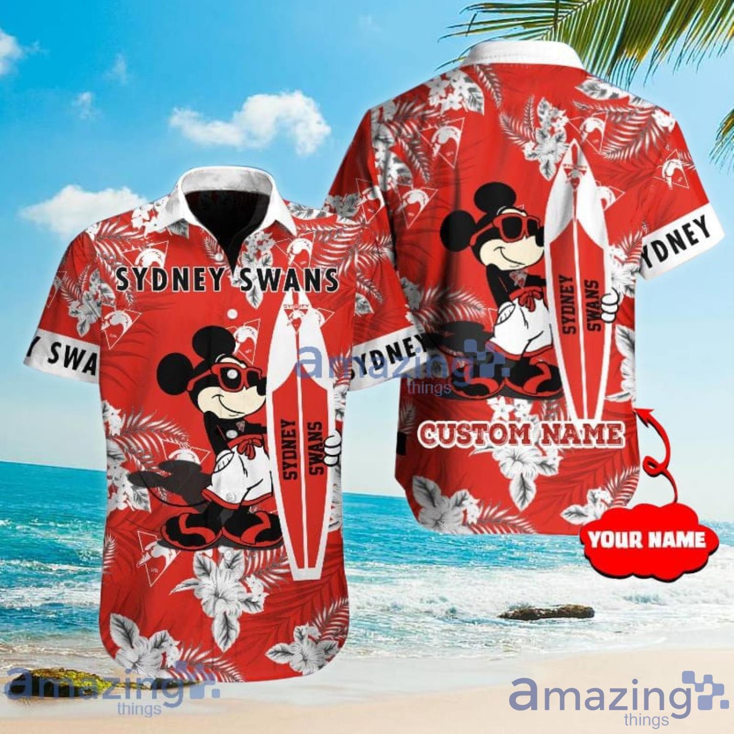 Custom Name For Fans Sydney Swans AFL Mickey Lover Tropical Hawaiian Shirt Product Photo 1