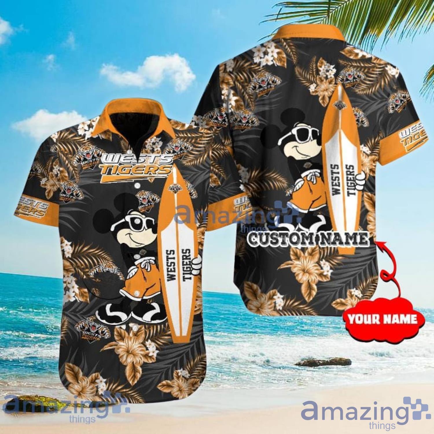 Custom Name For Fans Wests Tigers NRL Mickey Lover Tropical Hawaiian Shirt Product Photo 1