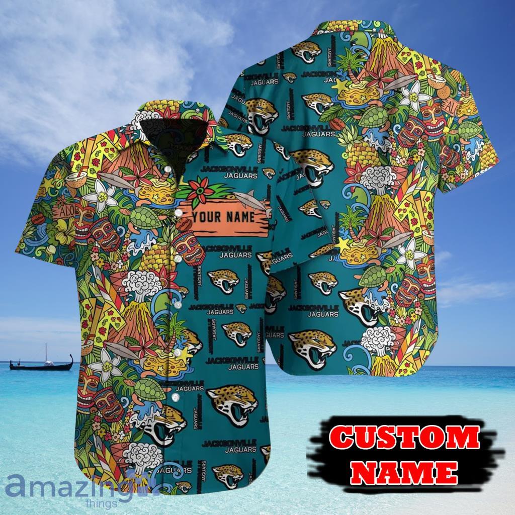 Custom Name Jacksonville Jaguars NFL Tiki Mask Tropical Hawaiian Shirt - Custom Name Jacksonville Jaguars NFL Tiki Mask Tropical Hawaiian Shirt