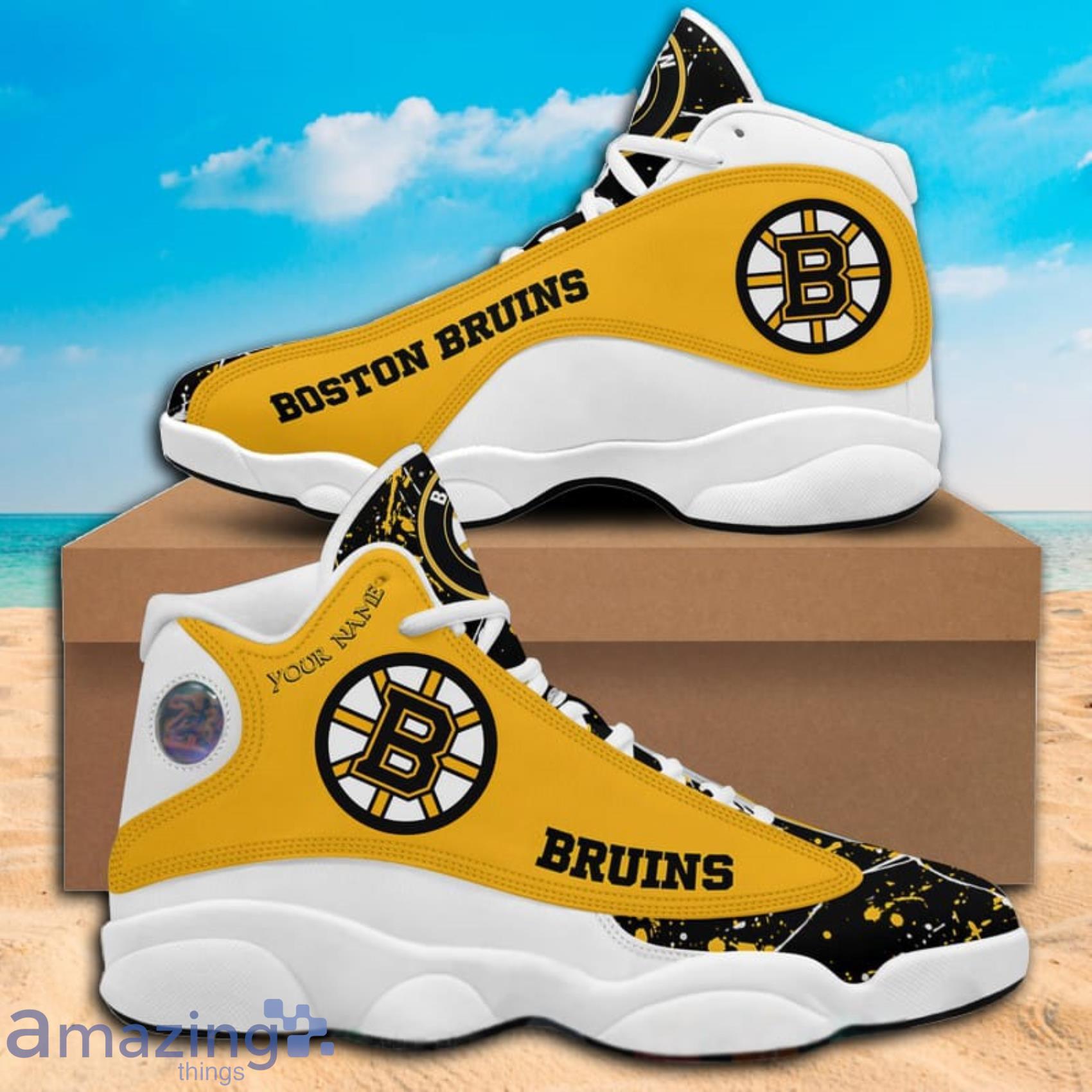 Custom Name Paint Stain NHL Boston Bruins Air Jordan 13 Shoes Product Photo 1