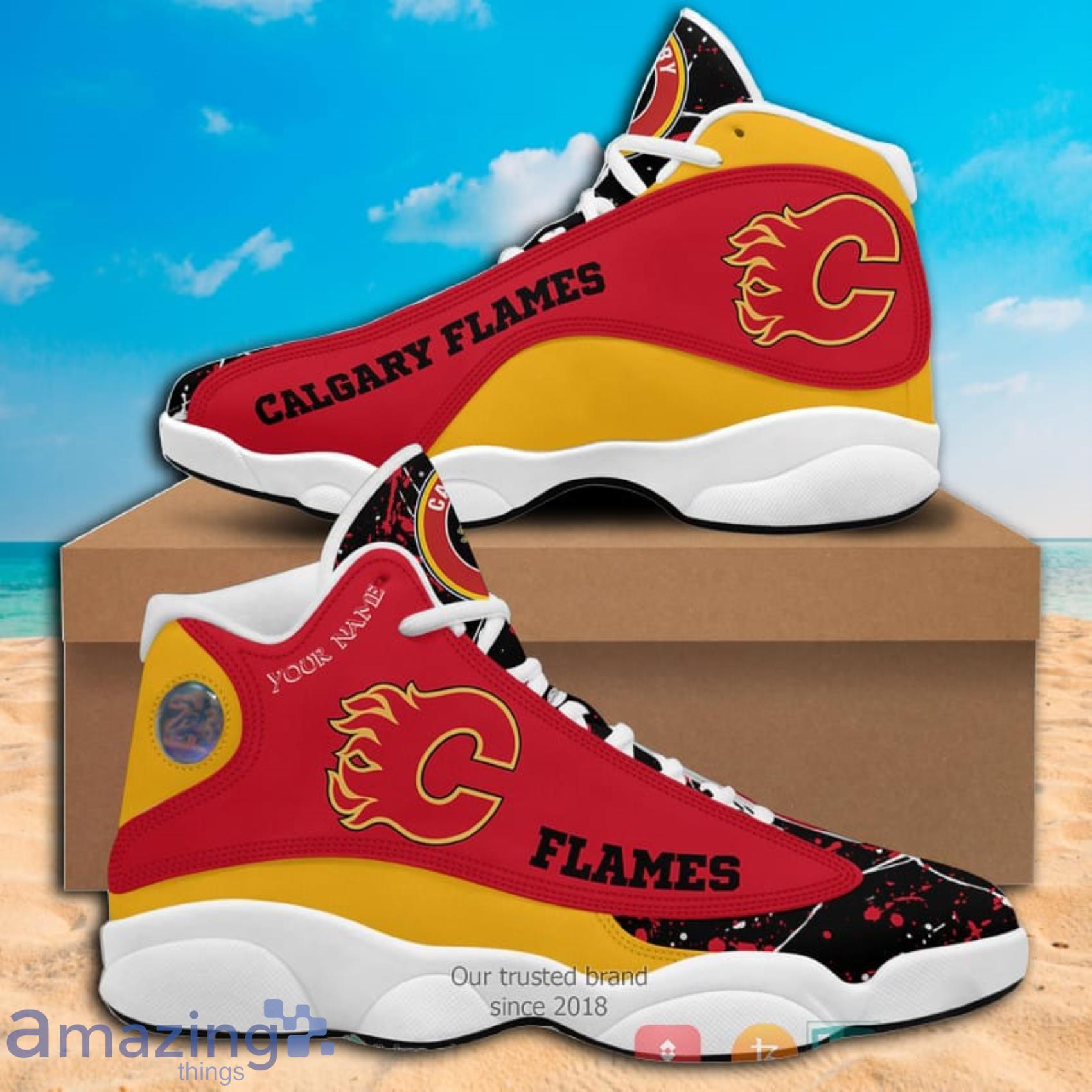 Custom Name Paint Stain NHL Calgary Flames Air Jordan 13 Shoes Product Photo 1