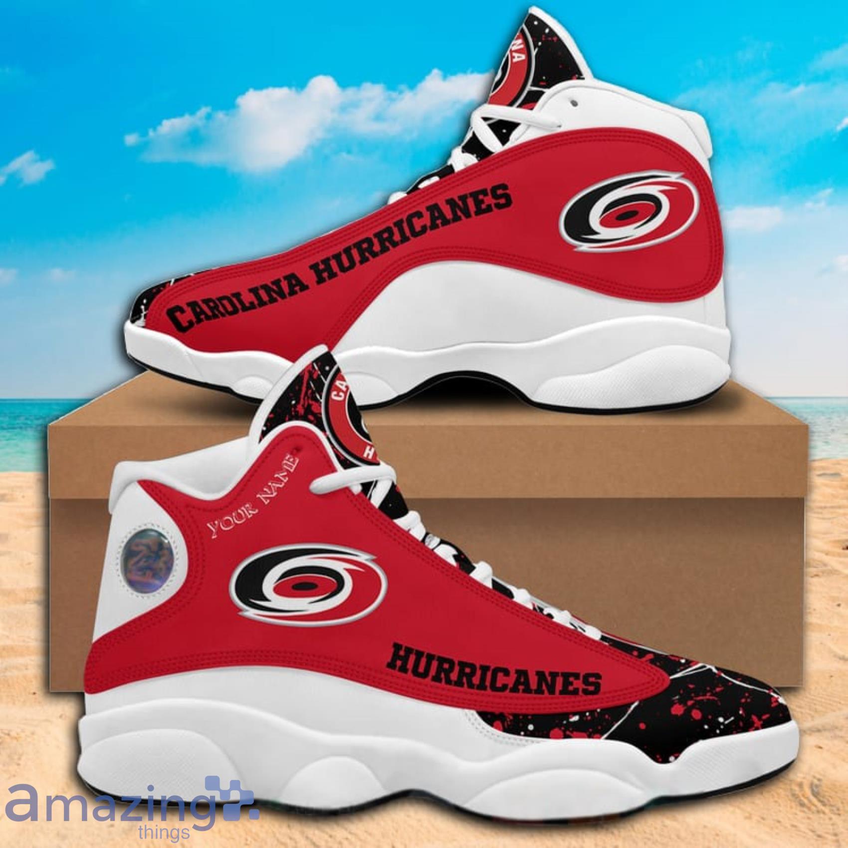 Custom Name Paint Stain NHL Carolina Hurricanes Air Jordan 13 Shoes Product Photo 1