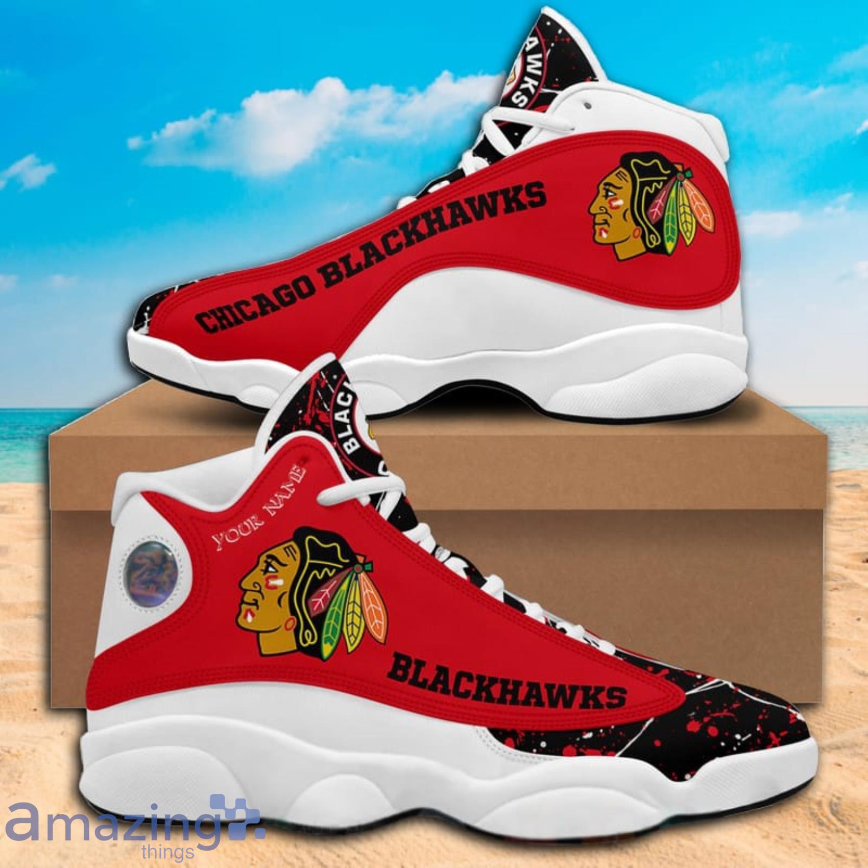 Custom Name Paint Stain NHL Chicago Blackhawks Air Jordan 13 Shoes Product Photo 1