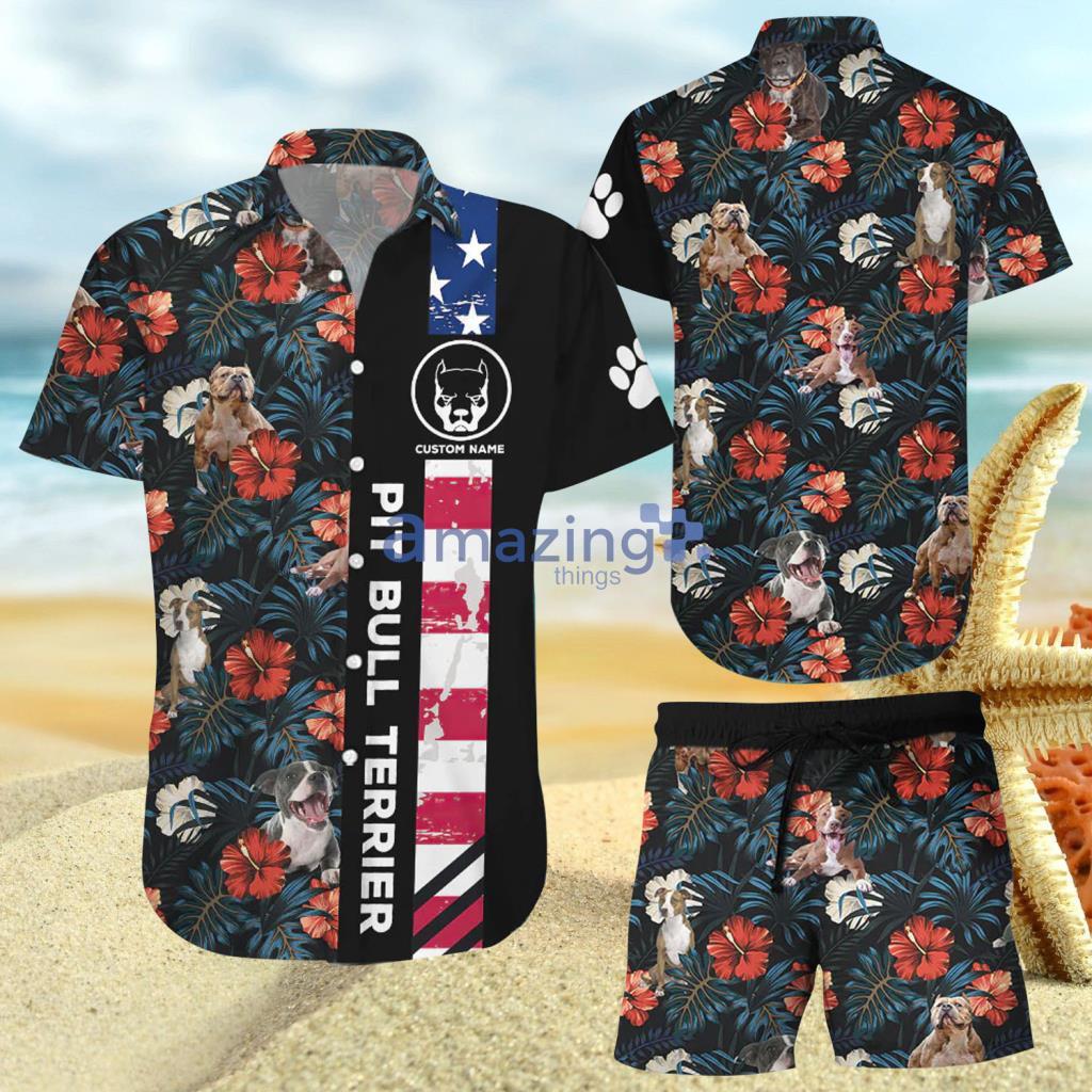 Custom Name Pit Bull Terrier American Flag Tropical Hawaiian Shirt And Short - Custom Name Pit Bull Terrier American Flag Tropical Hawaiian Shirt And Short