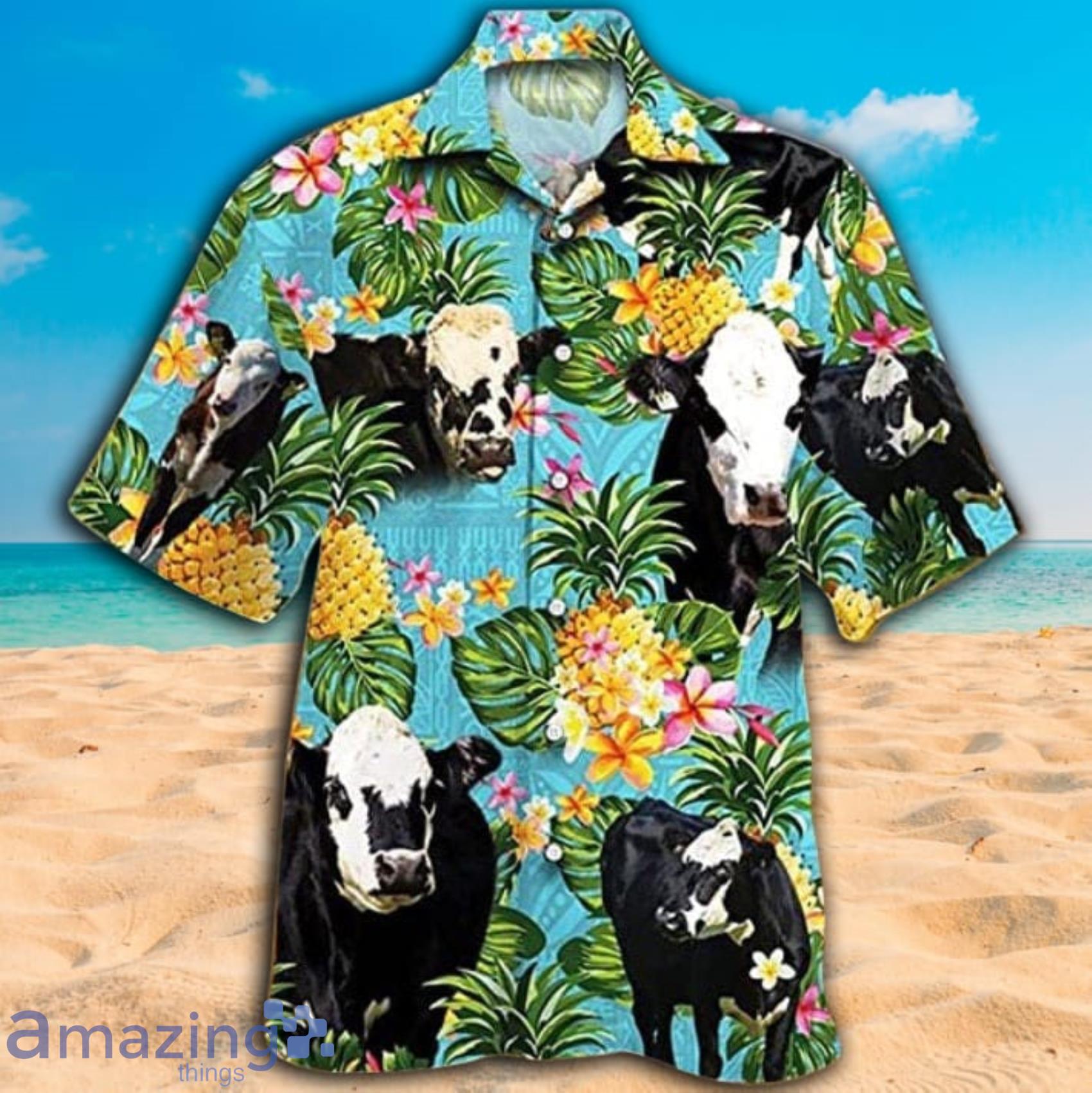 Dairy Cow Pineapple And Tropical Flowers Short Sleeve Hawaiian Shirt Product Photo 1