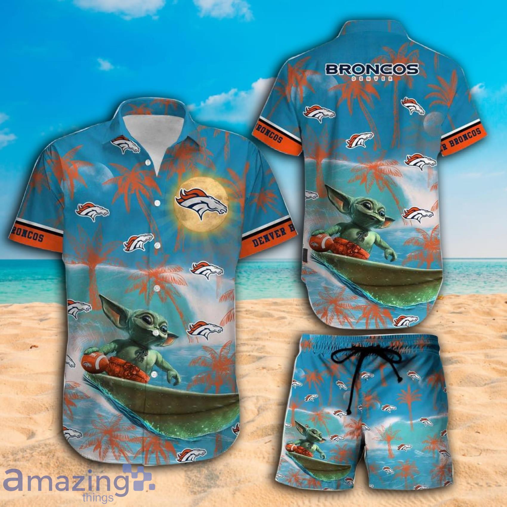 Denver Broncos Football Team Baby Yoda Surfing Summer Beach Hawaiian Shirt And Beach Short Product Photo 1
