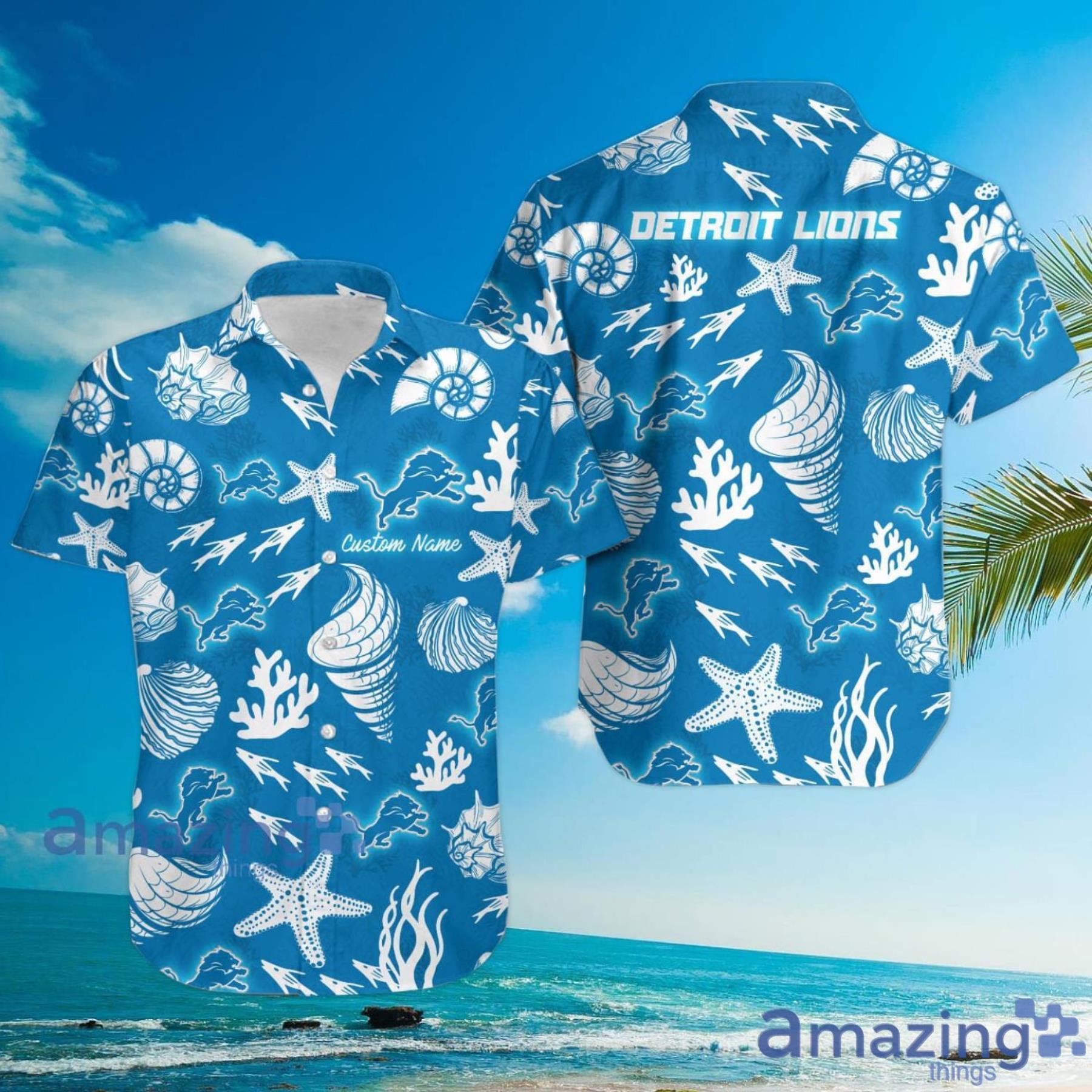 Detroit Lions Custom Name Shells Starfish Parttern Hawaiian Shirt For Men  And Women