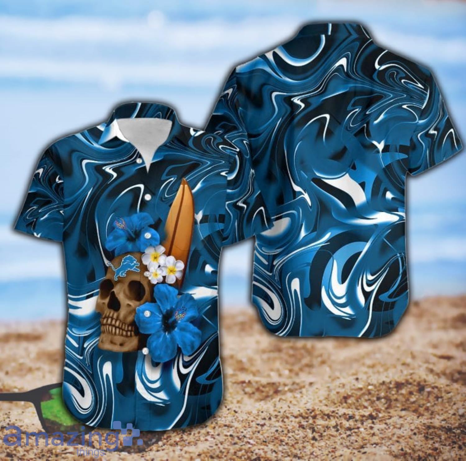 Detroit Lions Skull And Hibiscus Flower NFL All Over Print Hawaiian Shirt Product Photo 1