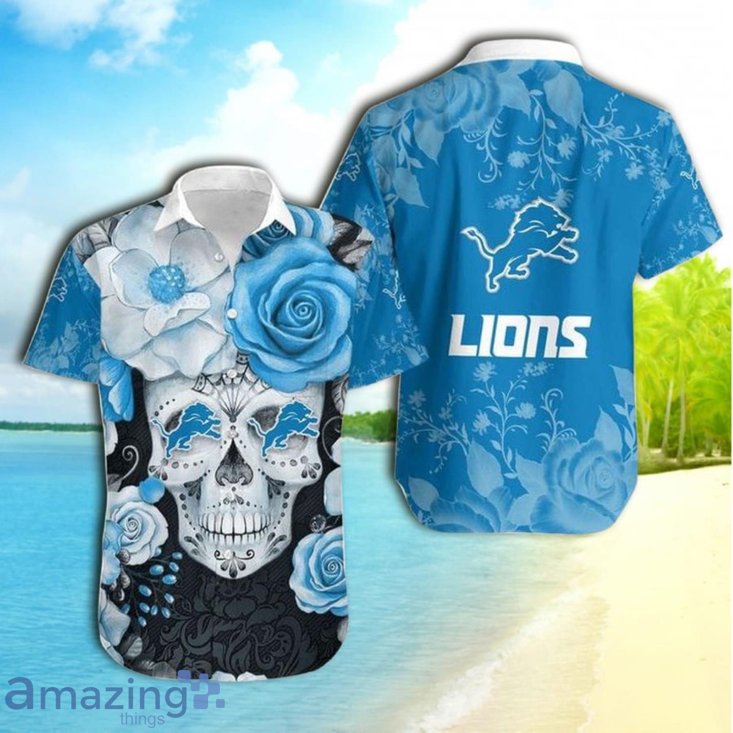 Detroit Lions Skull And Rose Short Sleeve Hawaiian Shirt Product Photo 1