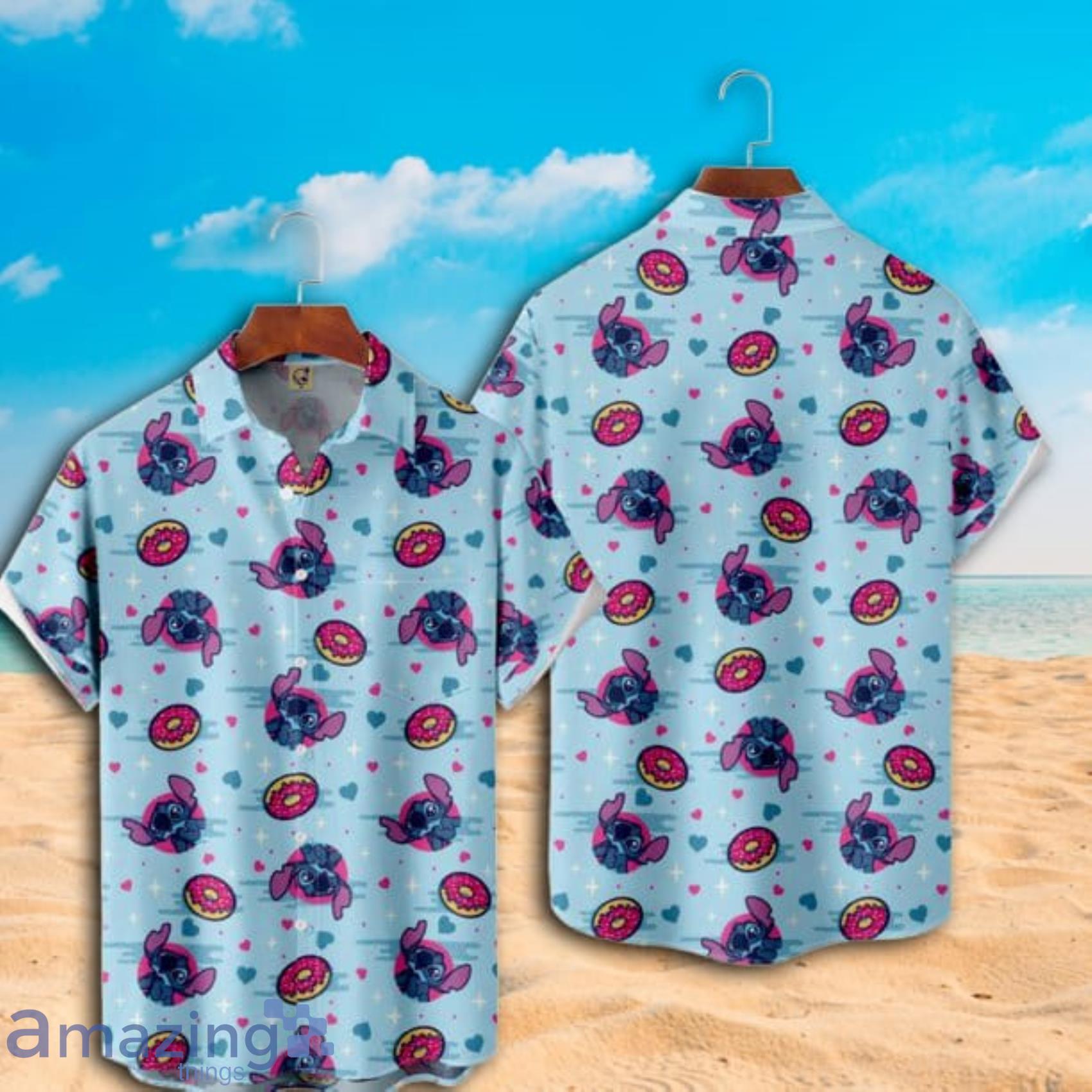 Disney Aloha Stitch Ohana And Donuts Light Blue Hawaiian Shirt Product Photo 1