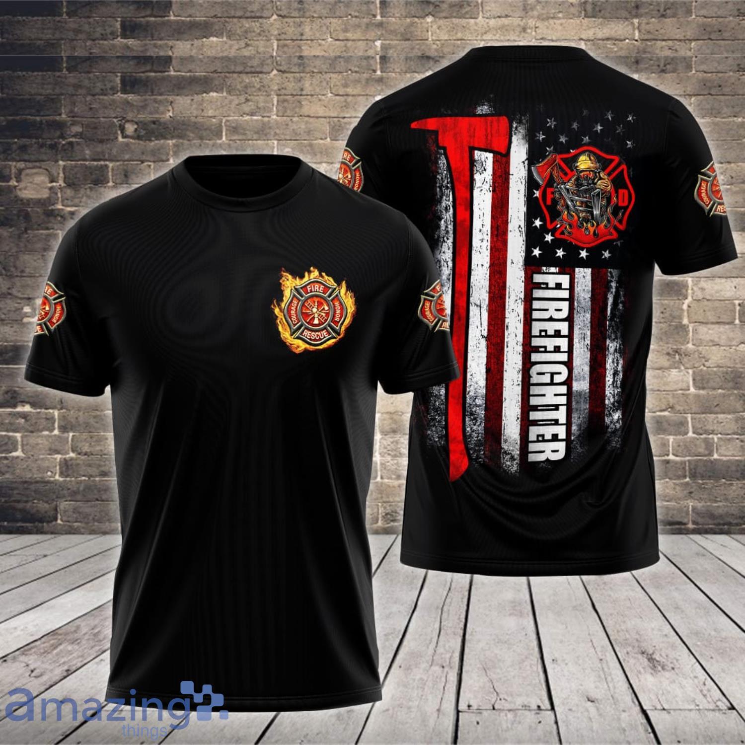 Firefighter USA Flag Black All Over Print 3D T-Shirt Product Photo 1 Firefighter USA Flag Black All Over Print 3D T-Shirt Product Photo 1