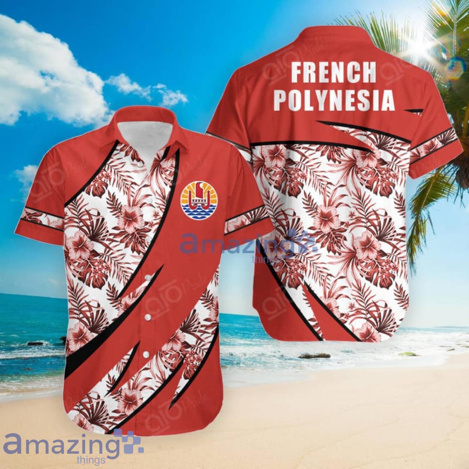 French Polynesia Groly Coat Of Arms Hibiscus Pattern Hawaiian Shirt Summer Gift For Men And Women Product Photo 1