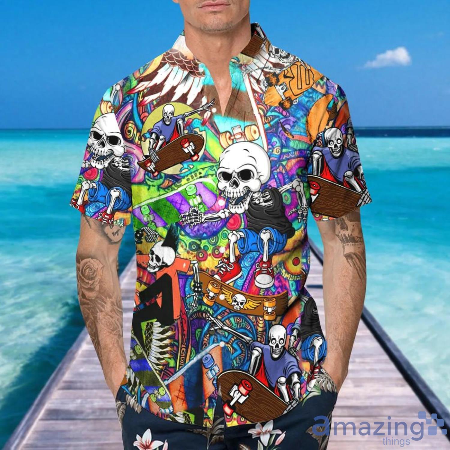 Funny Skateboard Skull Short Sleeve Hawaiian Shirt - Funny Skateboard Skull Hawaiian Shirt