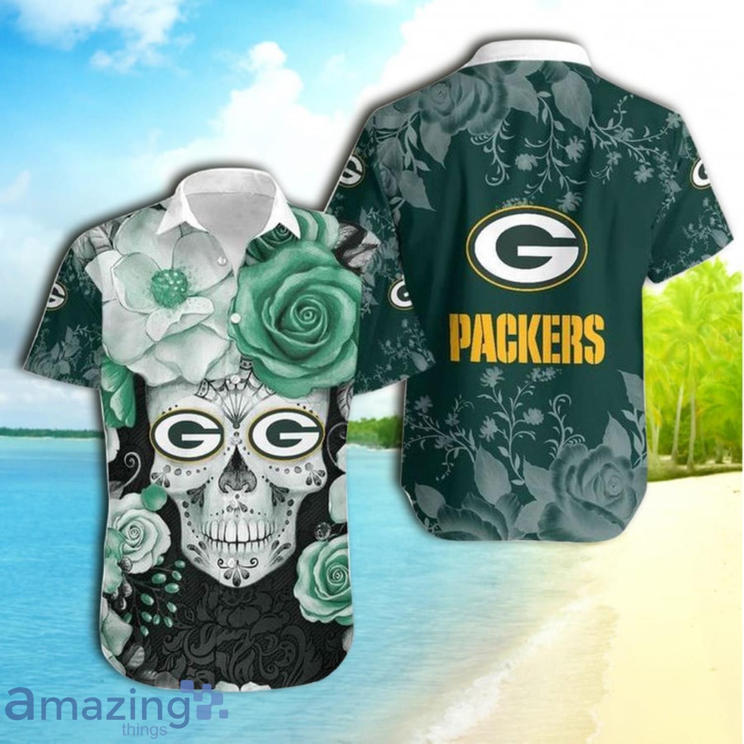 Green Bay Packers Skull And Rose Short Sleeve Hawaiian Shirt Product Photo 1