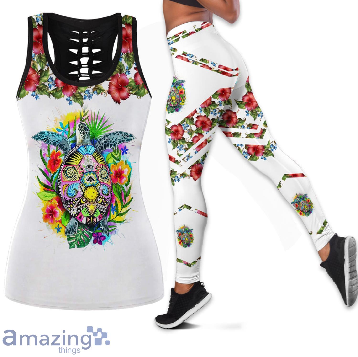 Hibiscus Flowers Turtles Women 3D Combo Hollow Tank Top And Leggings Product Photo 1