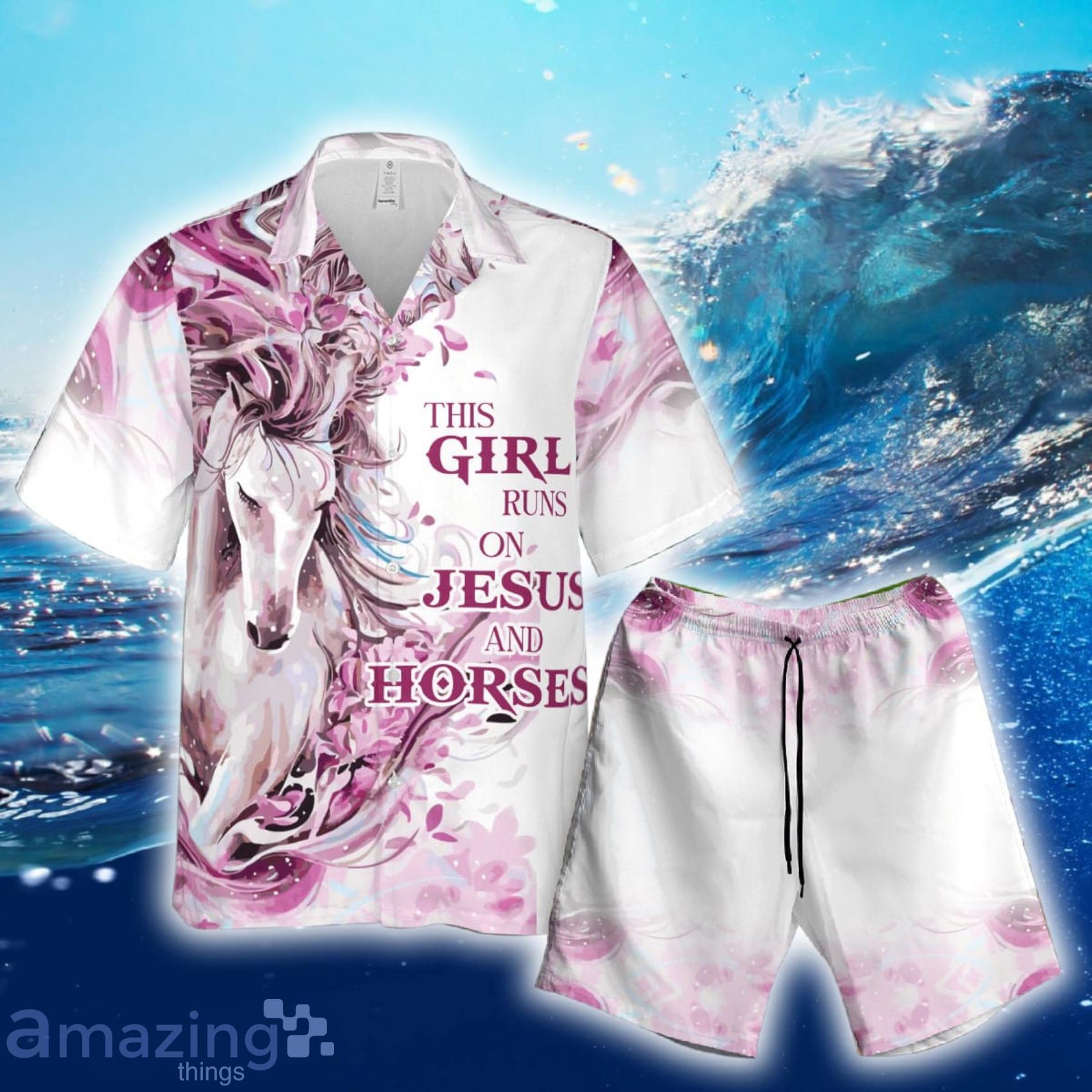 Horse This Girl Runs On Jesus And Pink Horses Short Sleeve Hawaiian Shirt And Short Product Photo 1