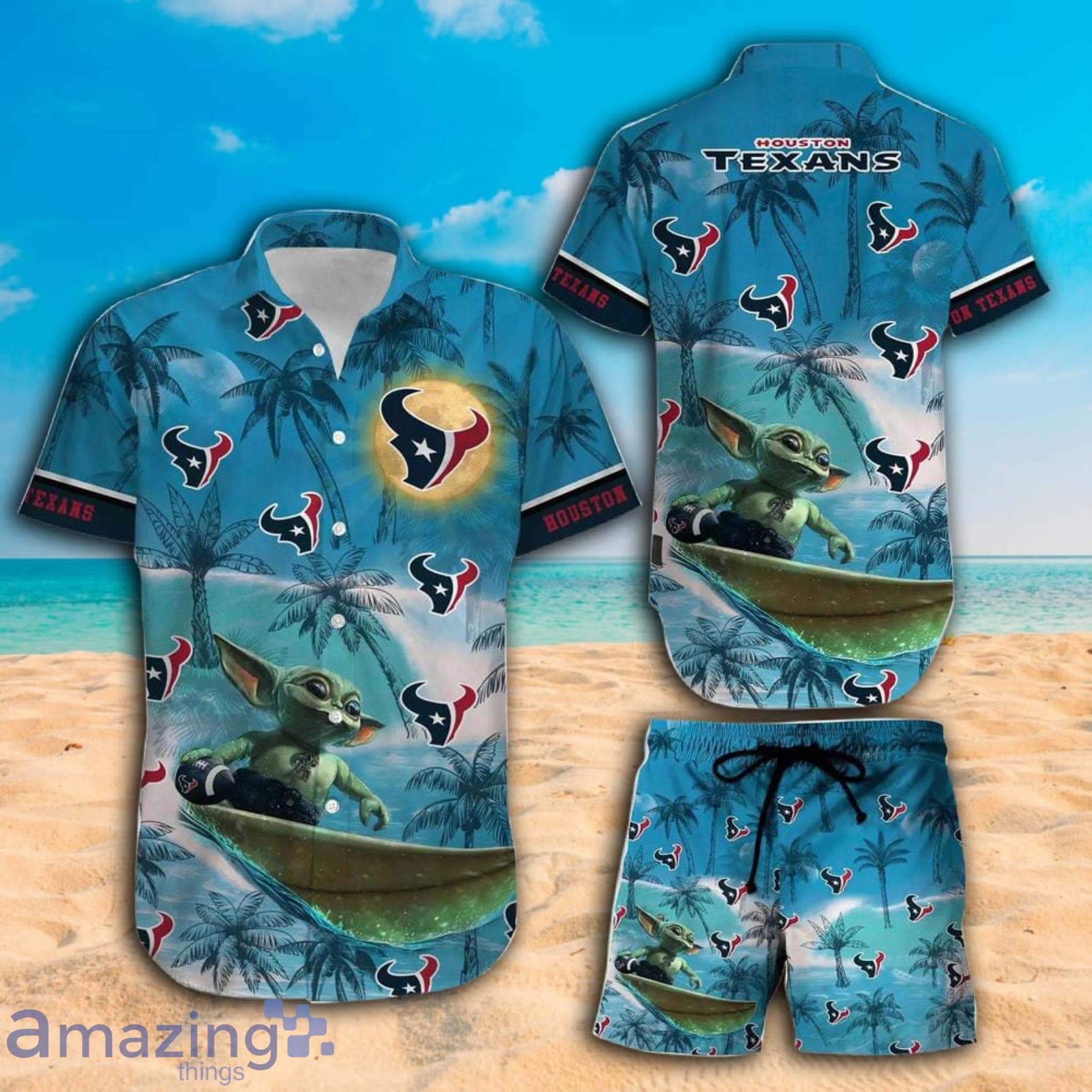 Houston Texans Football Team Baby Yoda Surfing Summer Beach Hawaiian Shirt And Beach Short Product Photo 1