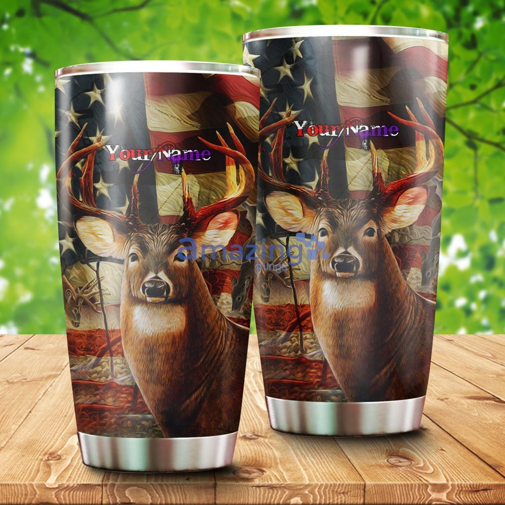 Hunt Hard American Flag Custom Name Stainless Steel Tumbler - HuntHardAmericanFlagCustomNameStainlessSteelTumbler