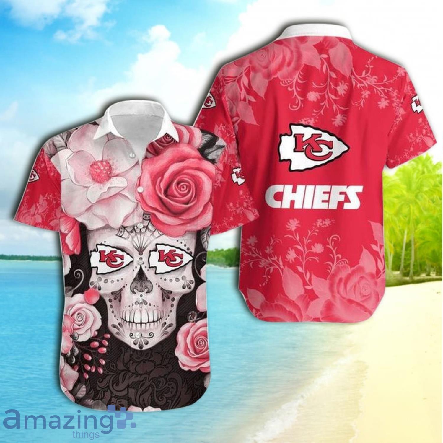 Kansas City Chiefs Skull And Rose Short Sleeve Hawaiian Shirt Product Photo 1