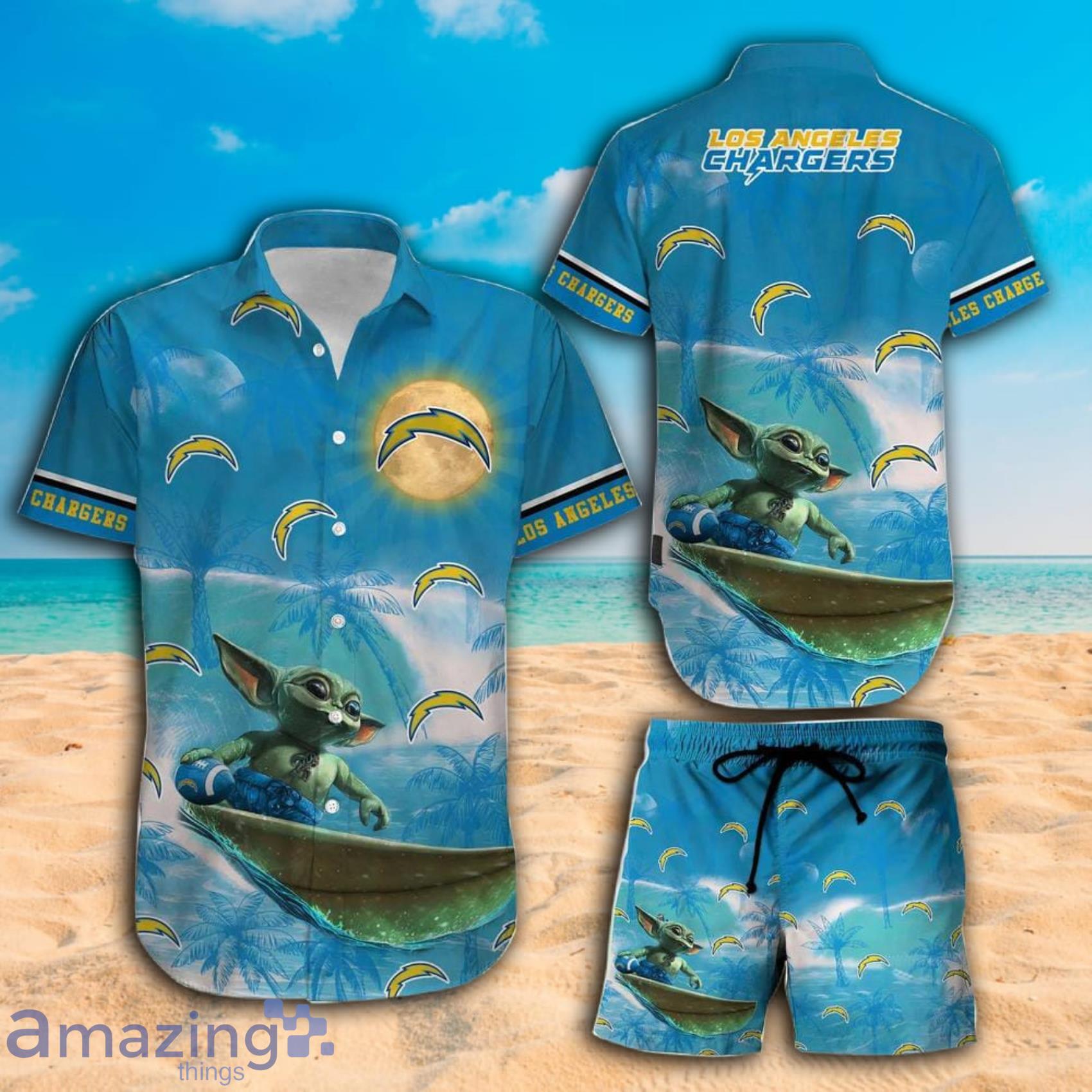 Los Angeles Chargers Football Team Baby Yoda Surfing Summer Beach Hawaiian Shirt And Beach Short Product Photo 1