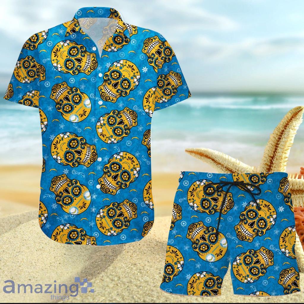 Los Angeles Chargers NFL Skull Hawaiian Shirt And Short - Los Angeles Chargers NFL Skull Hawaiian Shirt And Short
