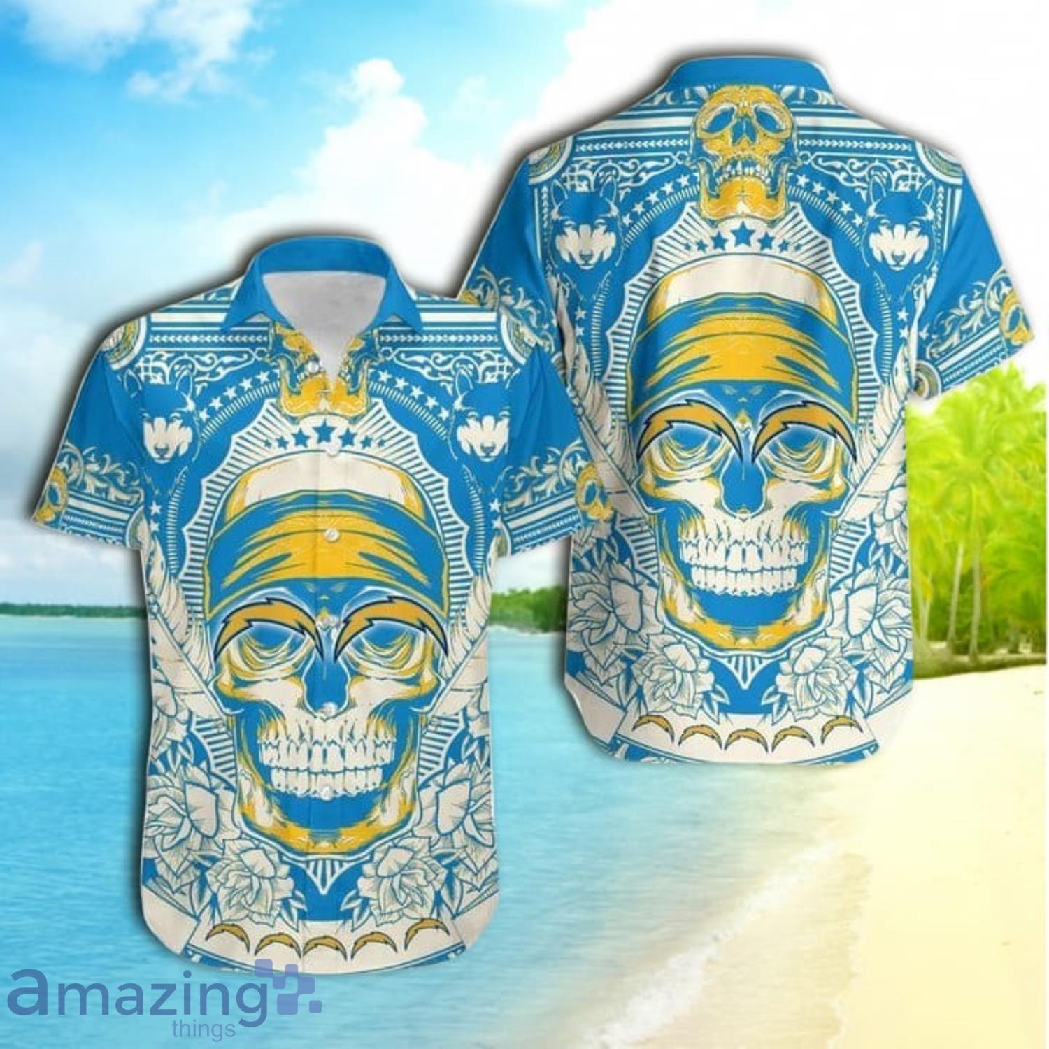 Los Angeles Chargers Skull Nfl Gift For Fan Short Sleeve Hawaiian Shirt Product Photo 1