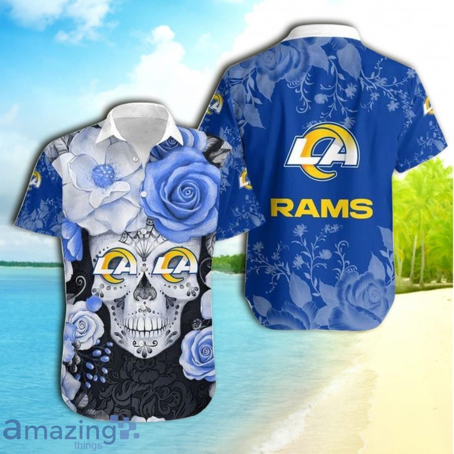 Los Angeles Rams Skull And Rose Short Sleeve Hawaiian Shirt Product Photo 1