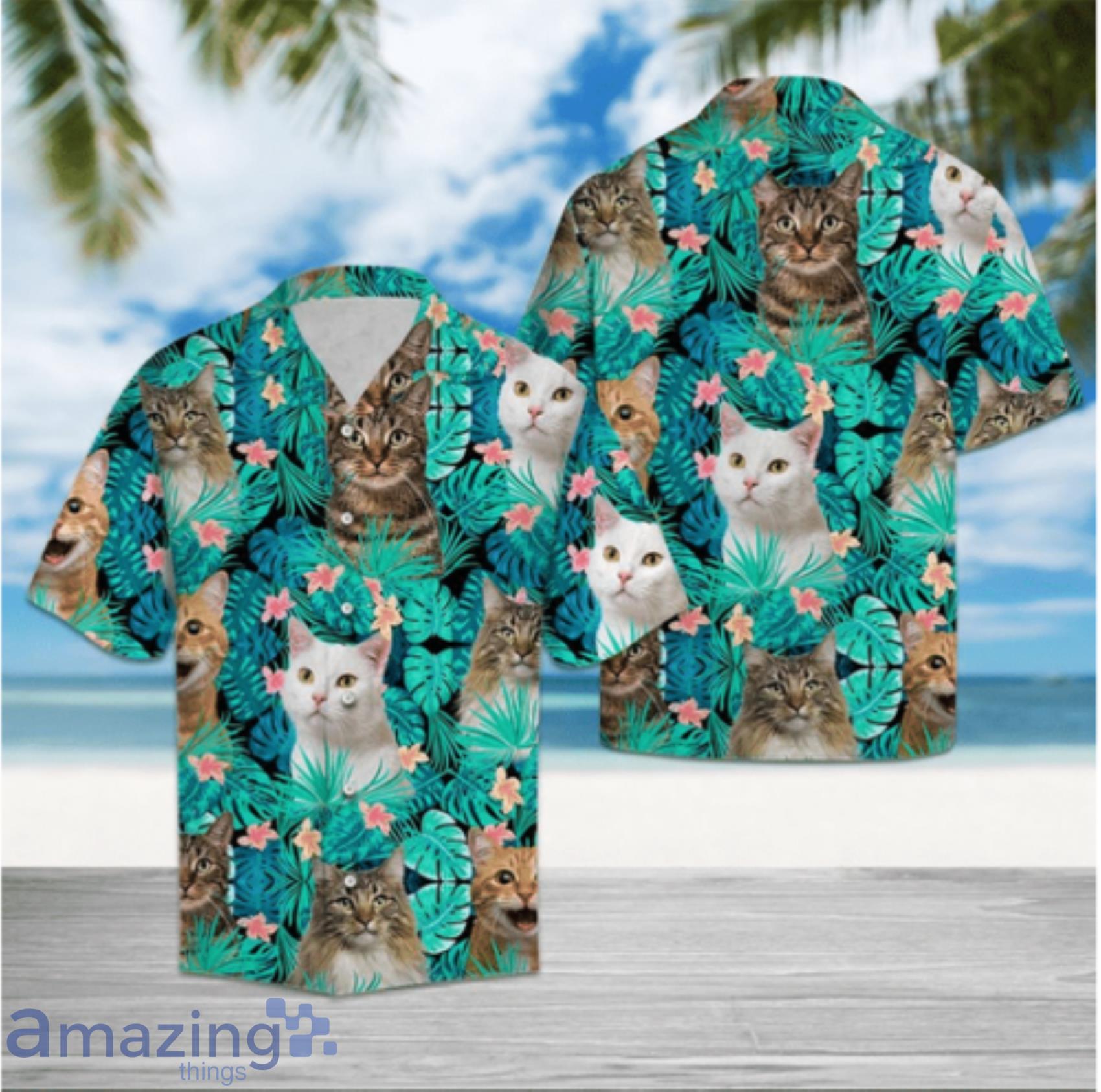 Lovely Cats And Tropical Leaves And Flowers Hawaiian Shirt Product Photo 1