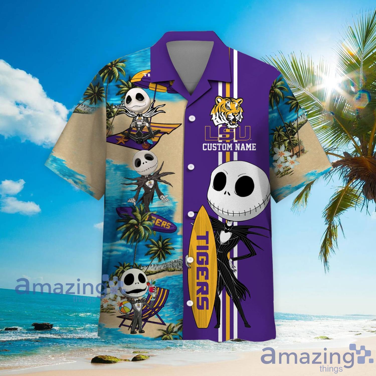 LSU Tigers Jack Skellington Halloween Gift Custom Name Hawaiian Shirt image LSU Tigers Jack Skellington Halloween Gift Custom Name Hawaiian Shirt Product Photo 3