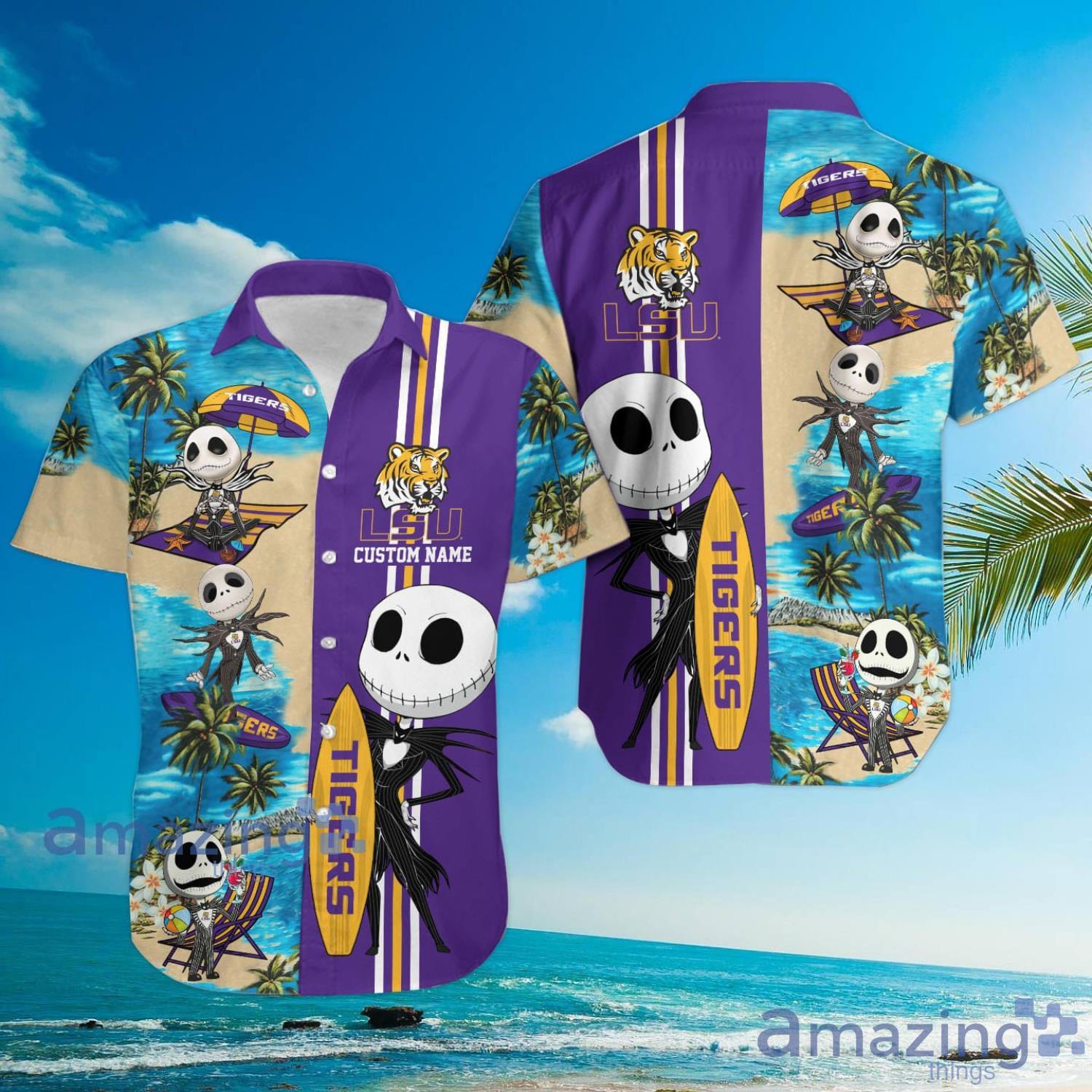LSU Tigers Jack Skellington Halloween Gift Custom Name Hawaiian Shirt image LSU Tigers Jack Skellington Halloween Gift Custom Name Hawaiian Shirt Product Photo 4