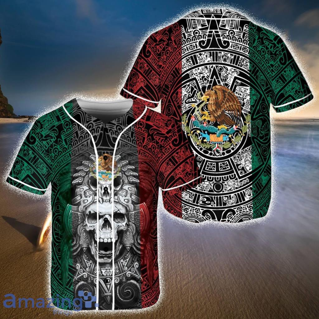 Custom Name Mexico Aztec Warrior Skull Flag Jersey Baseball Shirt