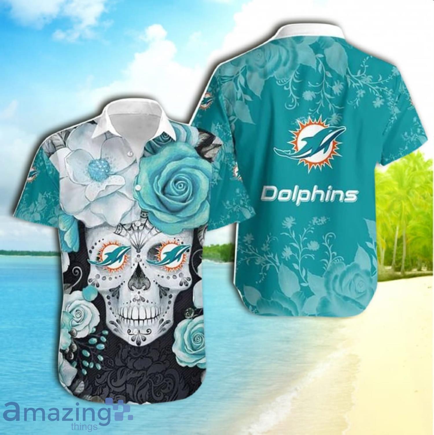 Miami Dolphins Skull And Rose Short Sleeve Hawaiian Shirt Product Photo 1