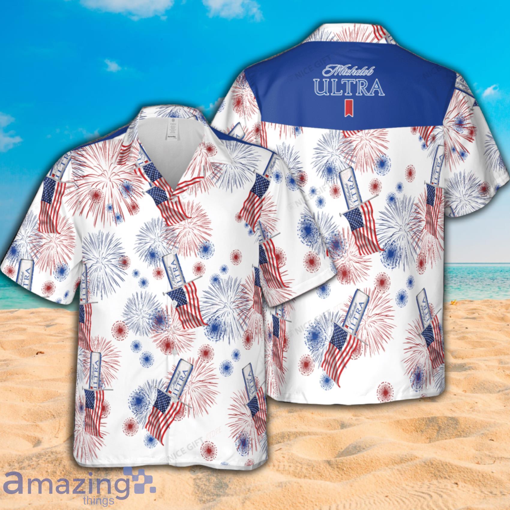 Michelob Ultra American Flag Fireworks Short Sleeve Hawaiian Shirt Product Photo 1