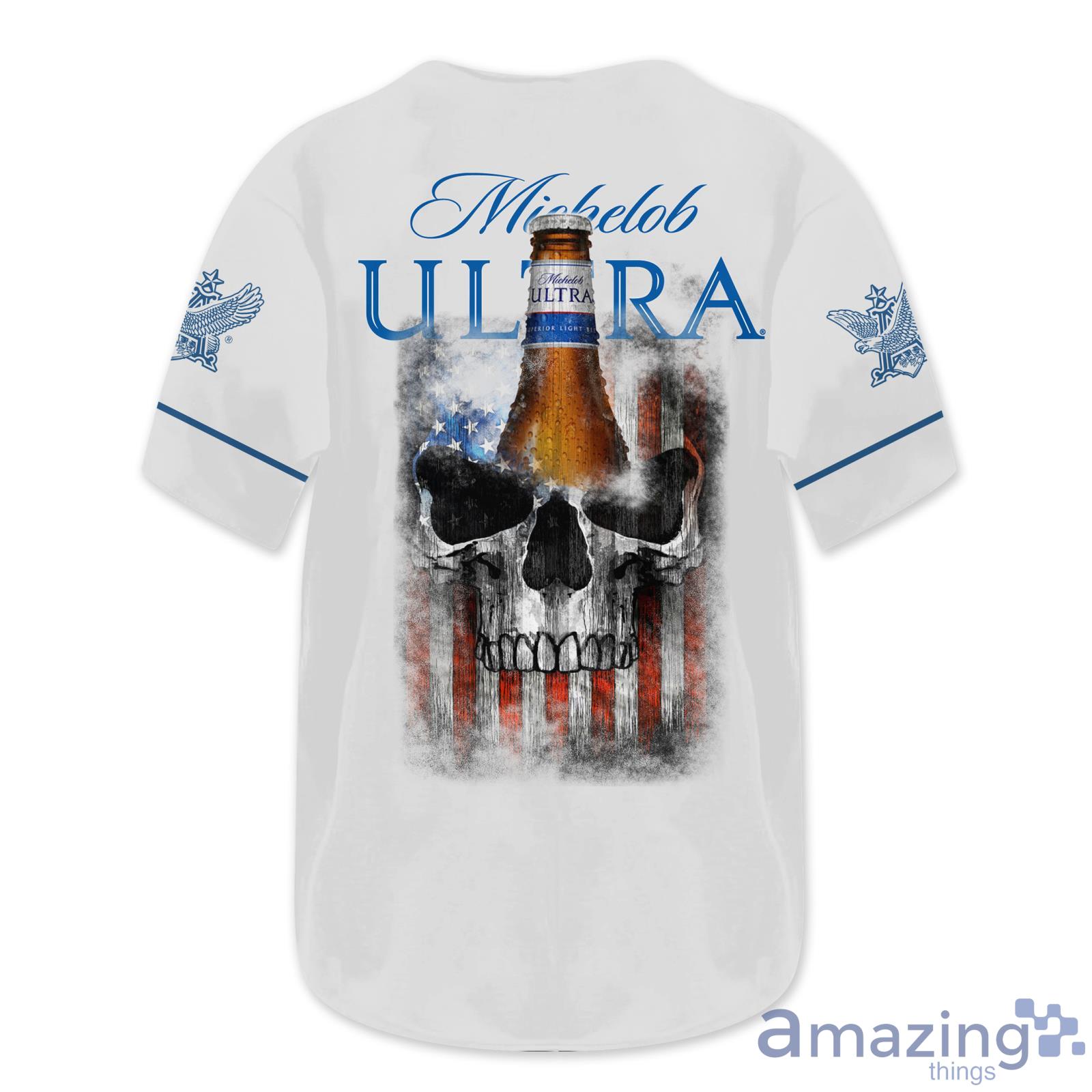 Michelob Ultra Skull USA FlagWhite All Over Print Baseball Jersey Shirt Shirt image Michelob Ultra Skull USA FlagWhite All Over Print Baseball Jersey Shirt Shirt Product Photo 3
