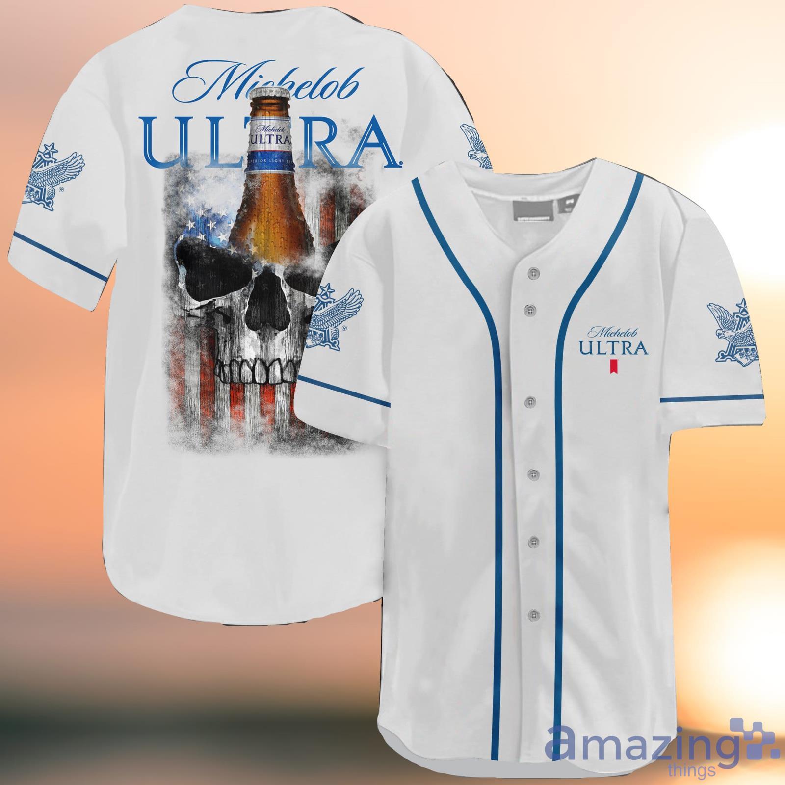 Michelob Ultra Skull USA FlagWhite All Over Print Baseball Jersey Shirt Shirt Product Photo 1 Michelob Ultra Skull USA FlagWhite All Over Print Baseball Jersey Shirt Shirt Product Photo 1