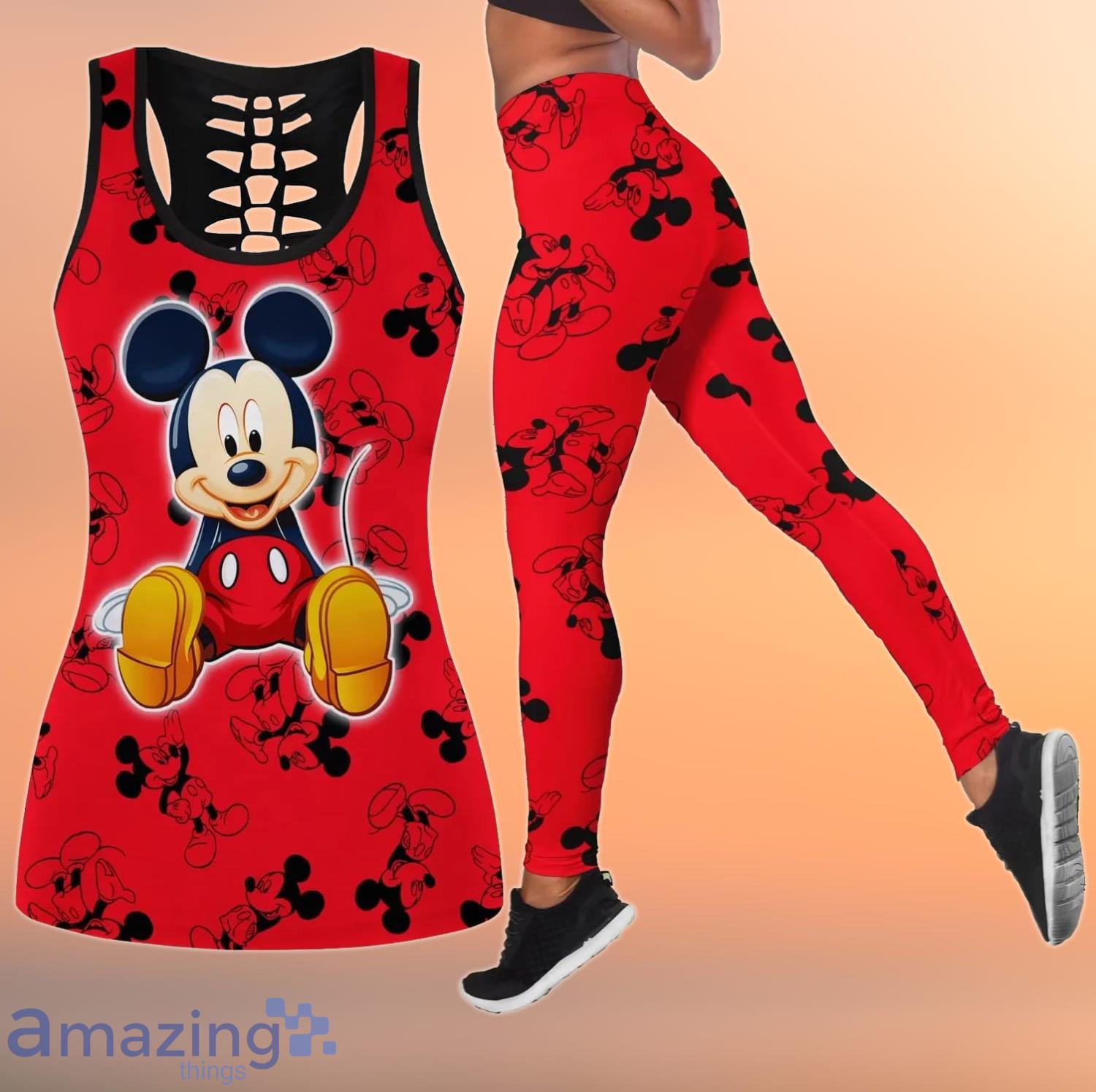 Mickey Mouse All Over print Red Combo Leggings And Hollow Tank Top