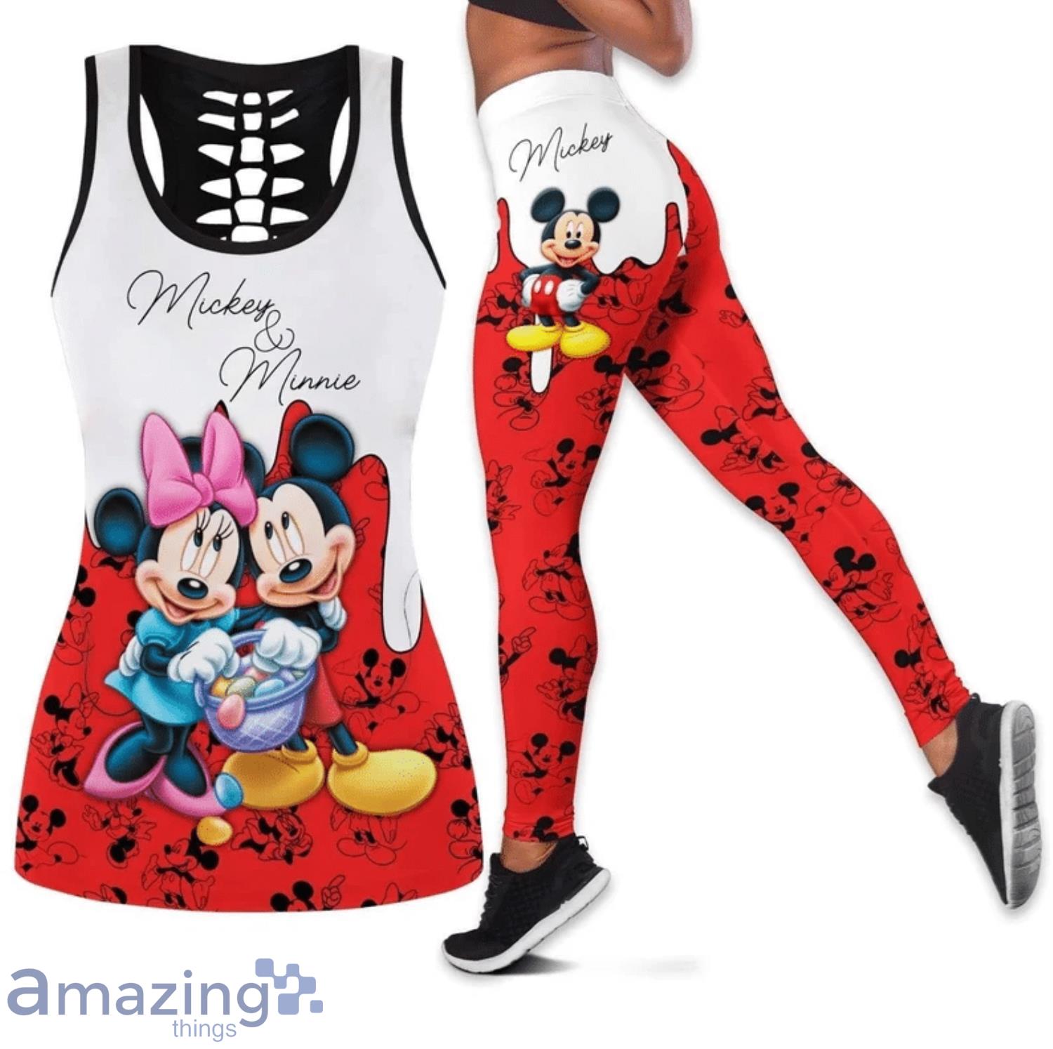 Mickey Mouse & Minnie Mouse Disney All Over Print 3D Combo Hollow Tank Top  And Leggings For Women