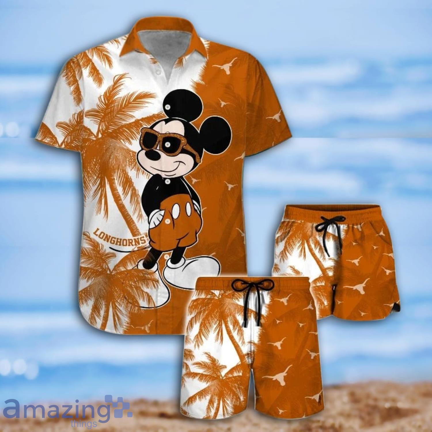 Mickey Mouse Texas Longhorns Coconut Trees Tropical Hawaiian Shirt And Short Product Photo 1