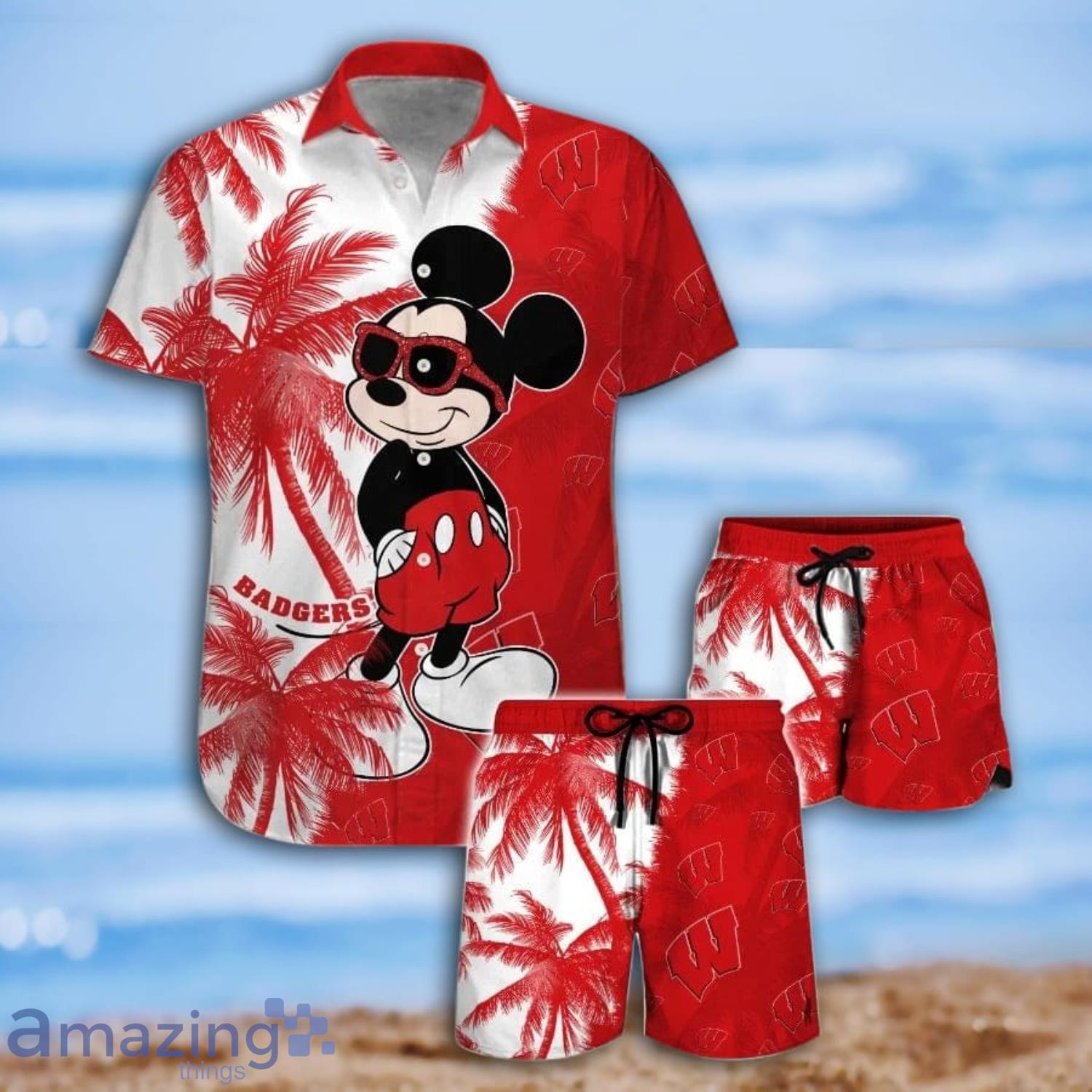 Mickey Mouse Wisconsin Badgers Coconut Trees Tropical Hawaiian Shirt And Short Product Photo 1