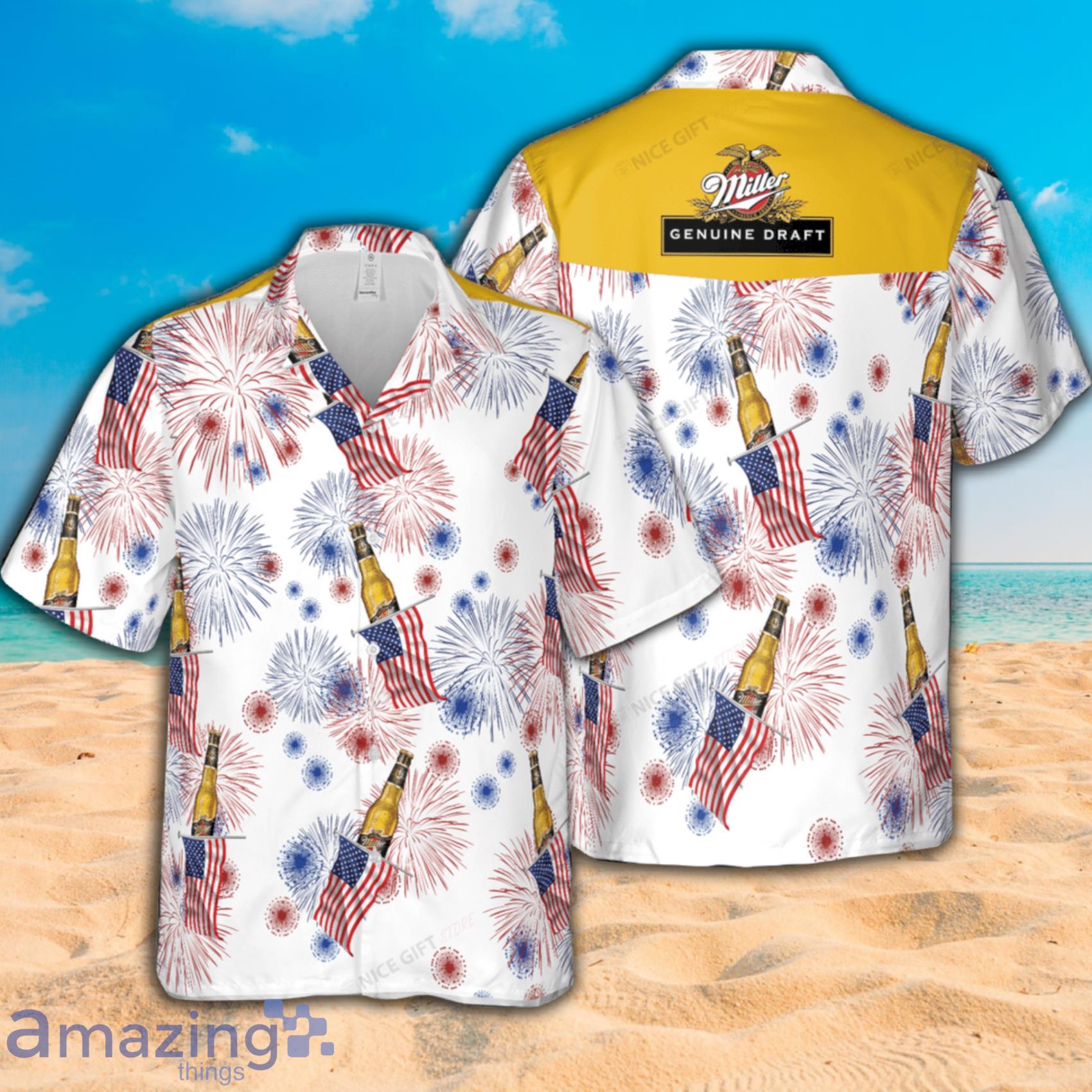 Miller Genuine Draft American Flag Fireworks Short Sleeve Hawaiian Shirt Product Photo 1