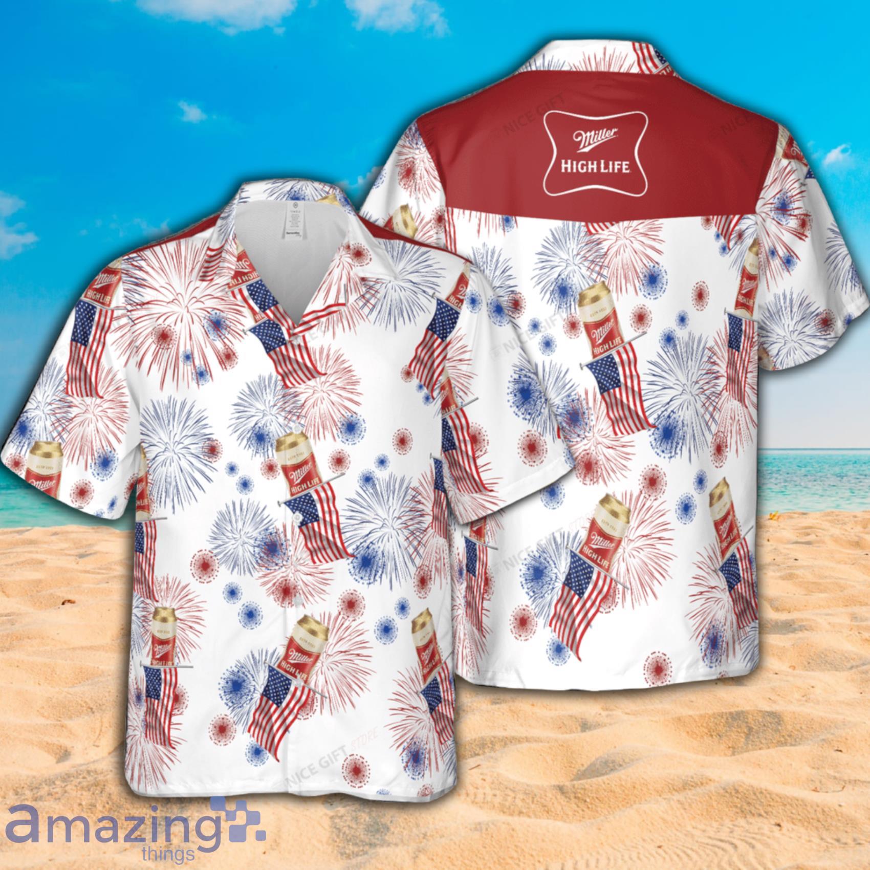 Miller High Life American Flag Fireworks Short Sleeve Hawaiian Shirt Product Photo 1