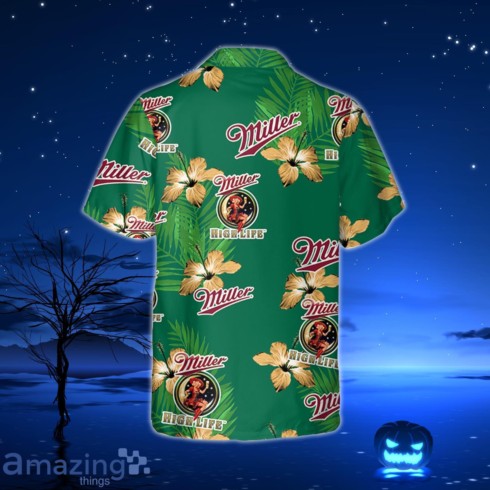 Miller Lite Hawaiian Shirt Tropical Flower Pattern