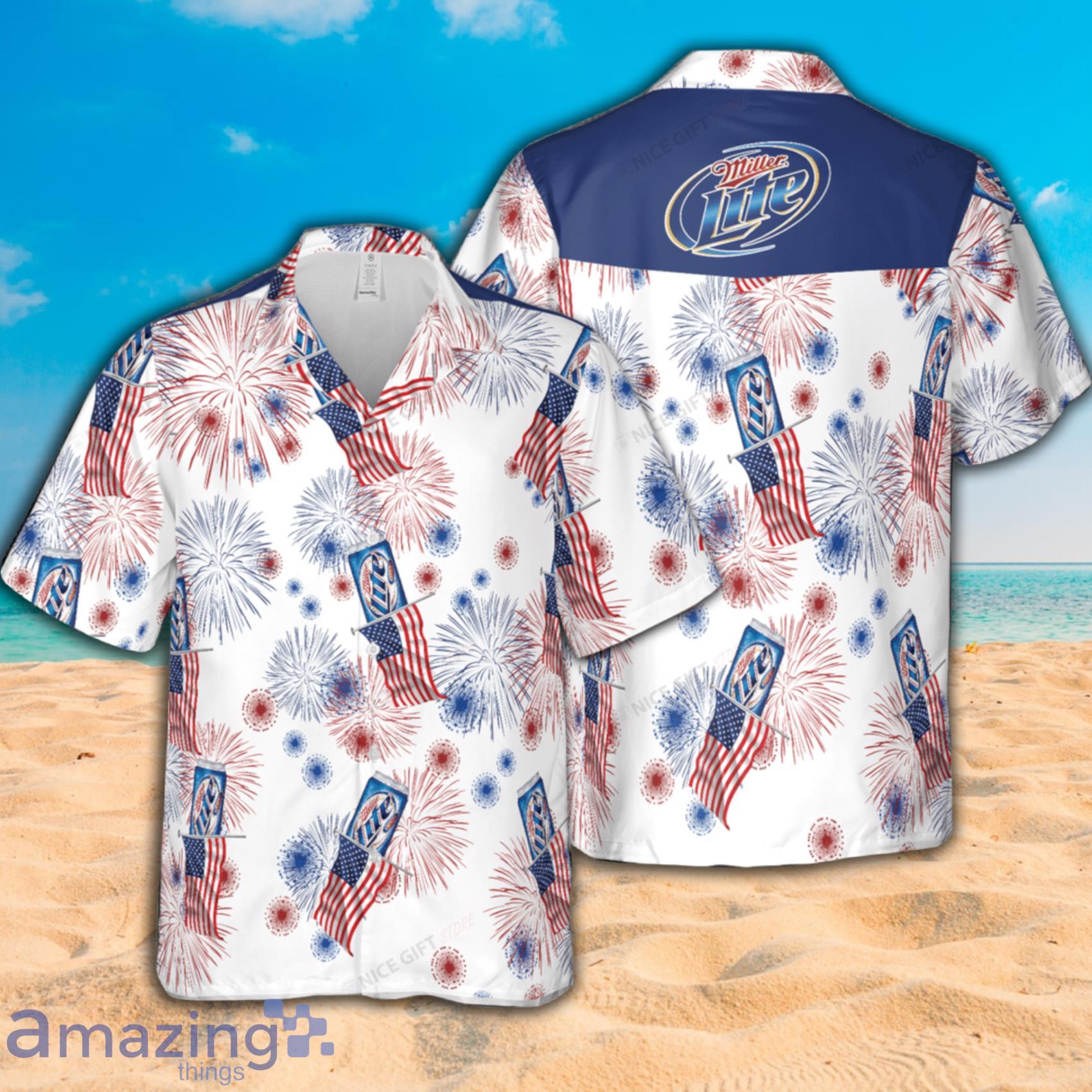 Miller Lite Hawaiian Shirt USA Flag Fireworks Hawaiian Shirt - Upfamilie  Gifts Store