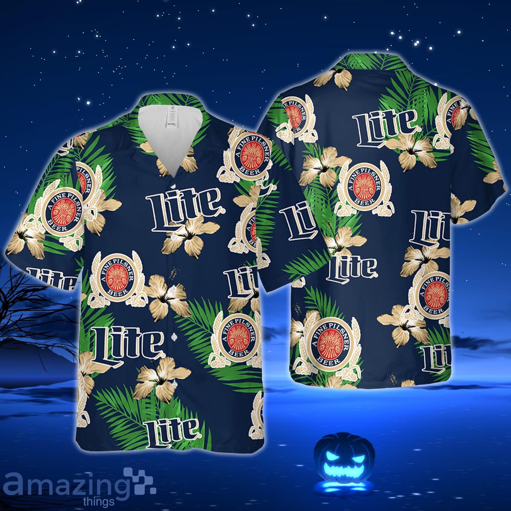 Miller Lite Hawaiian Shirt Tropical Flower Pattern