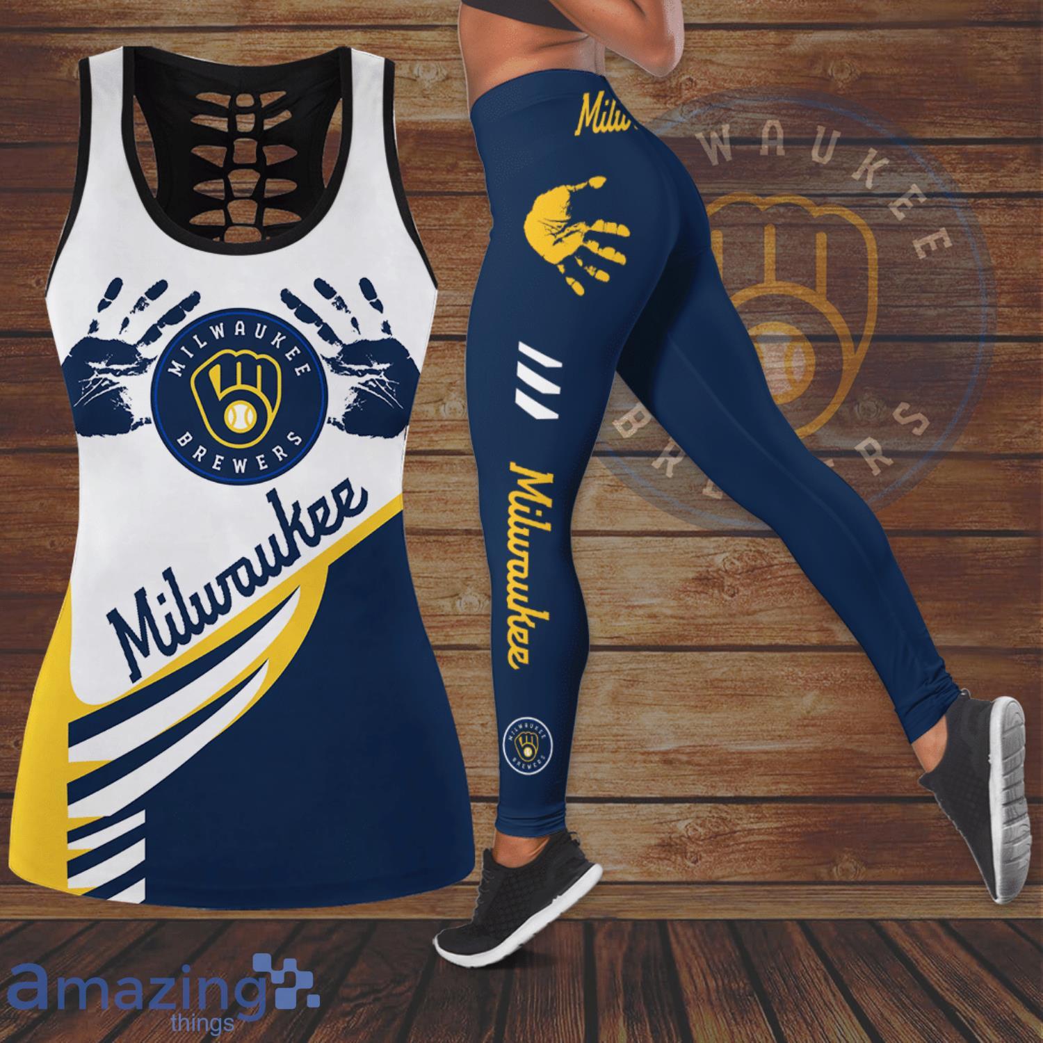 Milwaukee Brewers Handprint All Over Print 3D Combo Hollow Tank Top And  Leggings For Women