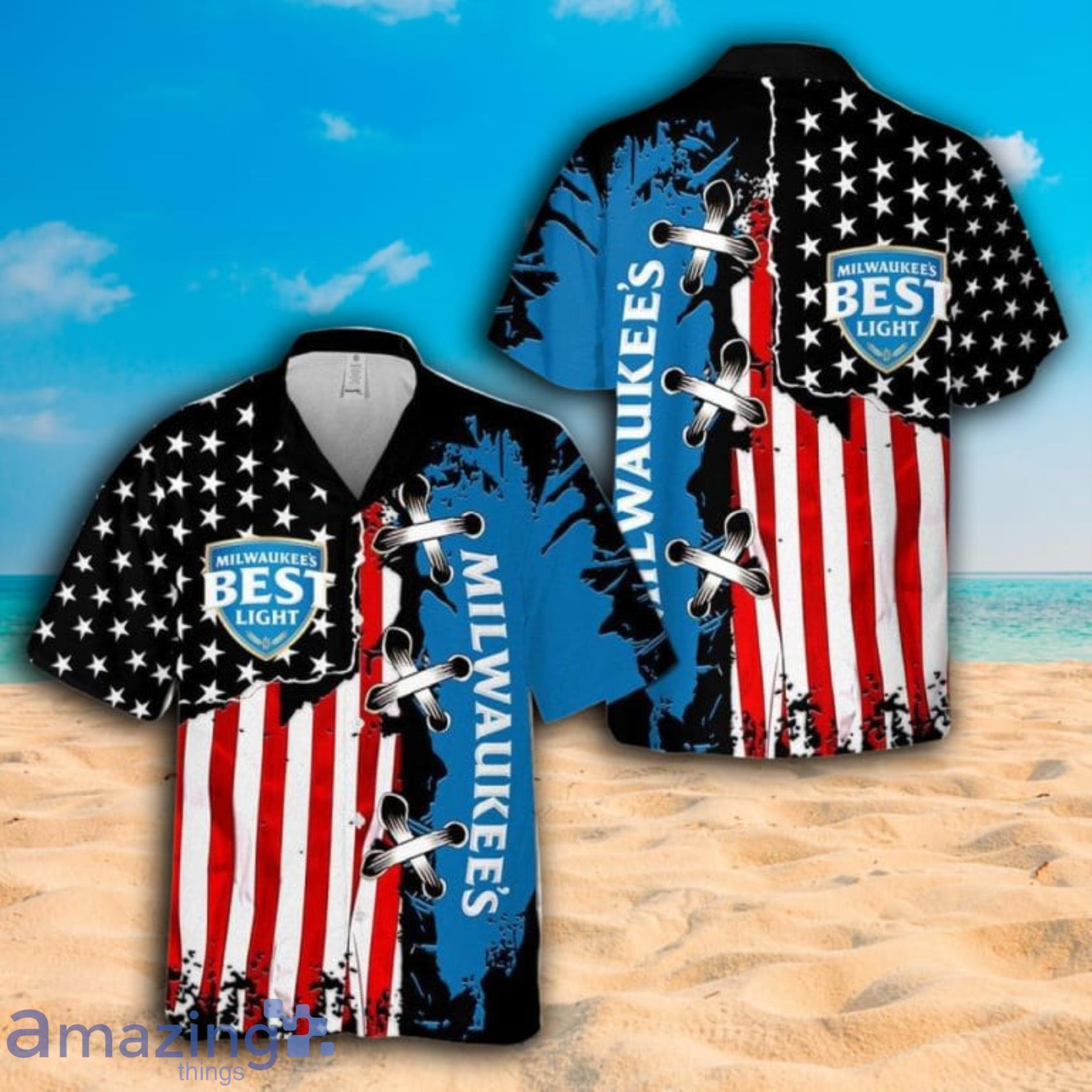 Milwaukees Best Light Us Flag Short Sleeve Hawaiian Shirt Product Photo 1