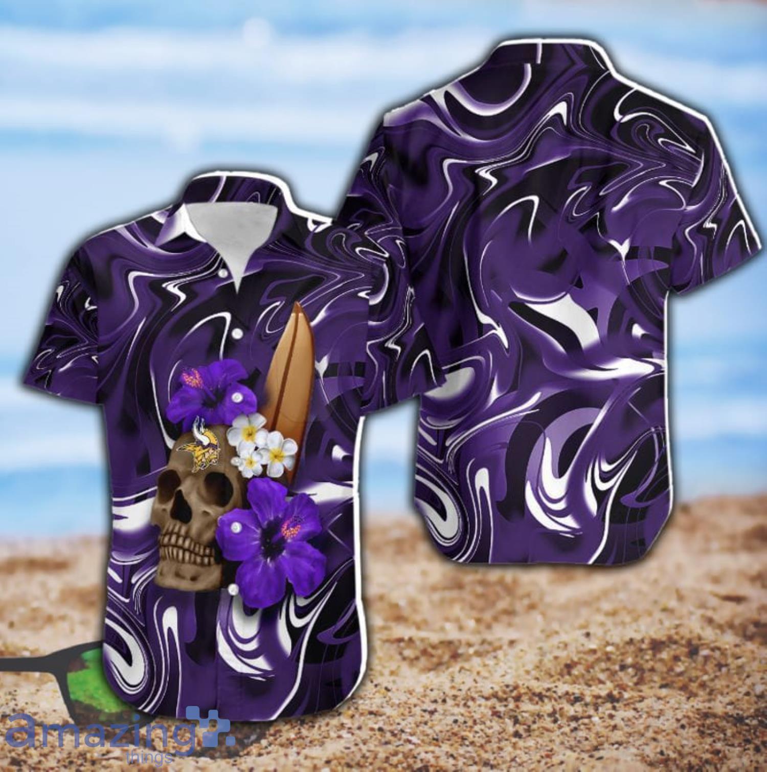 Minnesota Vikings Skull And Hibiscus Flower NFL All Over Print Hawaiian Shirt Product Photo 1