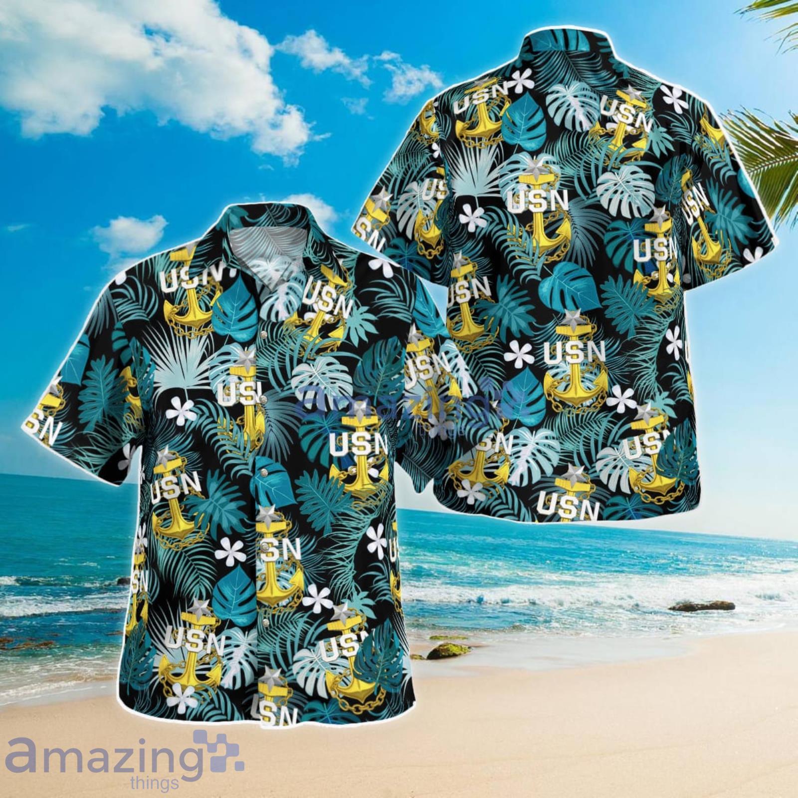 Premium Navy Blue Band Hawaiian Shirt Mens Aloha Shirt 